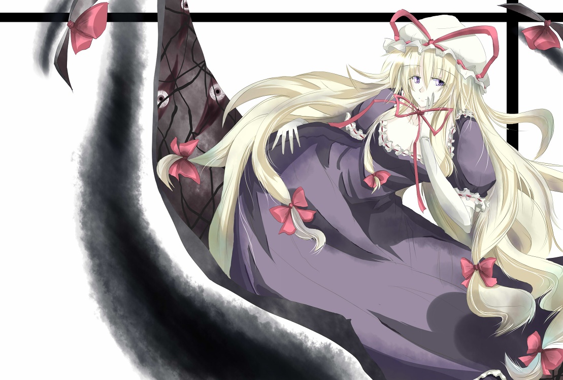 homura bi, yakumo yukari, touhou, bad id, bad pixiv id, 1girl, blonde hair, dress, elbow gloves, female focus, gap (touhou), gloves, hat, long hair, ribbon, solo, white background
