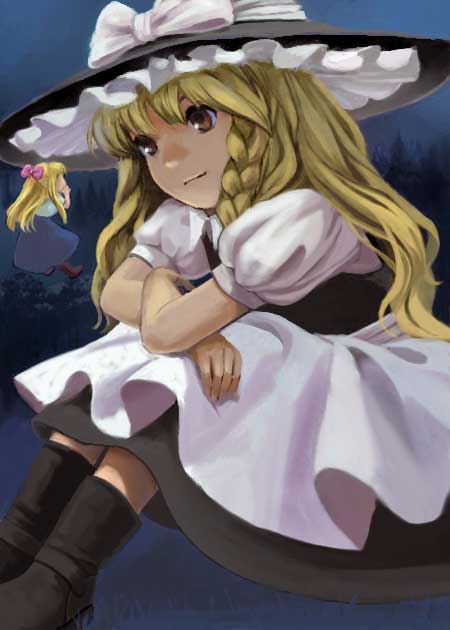 3105, biry2 (pixiv3105), kirisame marisa, shanghai doll, touhou, 1girl, blonde hair, doll, female focus, gradient background, hat, long hair, ribbon, solo