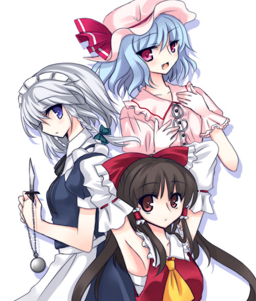 yatosaki haru, hakurei reimu, izayoi sakuya, remilia scarlet, touhou, bad id, bad pixiv id, 3girls, blue hair, brown hair, clock, female focus, hat, japanese clothes, knife, long hair, miko, multiple girls, ribbon, short hair, throwing knife, weapon, white hair, yatosaki