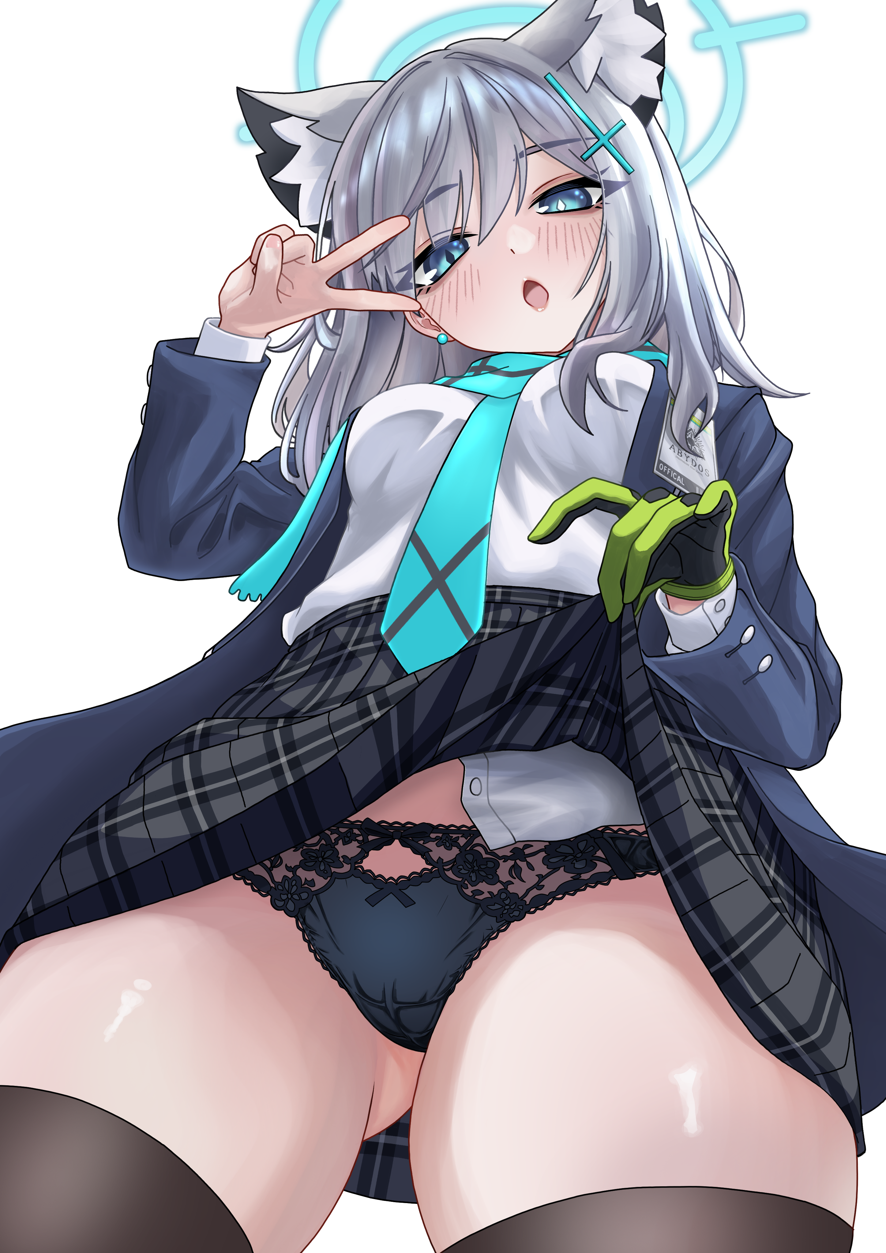 houmuruseijaku, shiroko (blue archive), blue archive, absurdres, highres, 1girl, animal ear fluff, animal ears, black panties, blue halo, blue scarf, clothes lift, cross, cross hair ornament, extra ears, from below, gloves, green gloves, hair ornament, halo, id card, inverted cross, lace, lace-trimmed panties, lace trim, lifting own clothes, looking at viewer, medium hair, mismatched pupils, open mouth, panties, plaid clothes, plaid skirt, scarf, school uniform, single glove, skirt, skirt lift, solo, thighhighs, underwear, v, white background, wolf ears