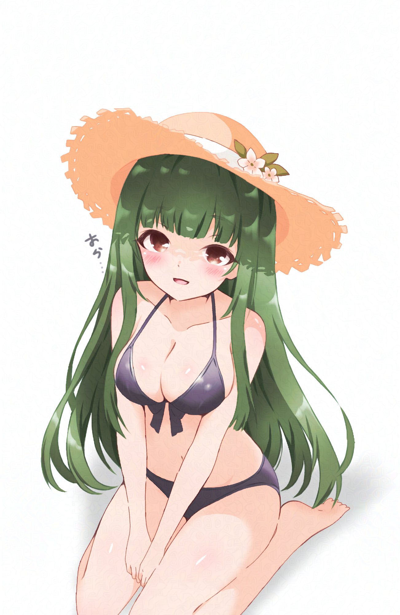 hitorilily, oomiya isami, kin-iro mosaic, highres, 1girl, arm between legs, barefoot, bikini, black bikini, blush, breasts, brown eyes, brown hat, cleavage, collarbone, from above, front-tie bikini top, front-tie top, green hair, halterneck, hat, long hair, looking at viewer, navel, open mouth, seiza, sitting, solo, sun hat, swimsuit, white background