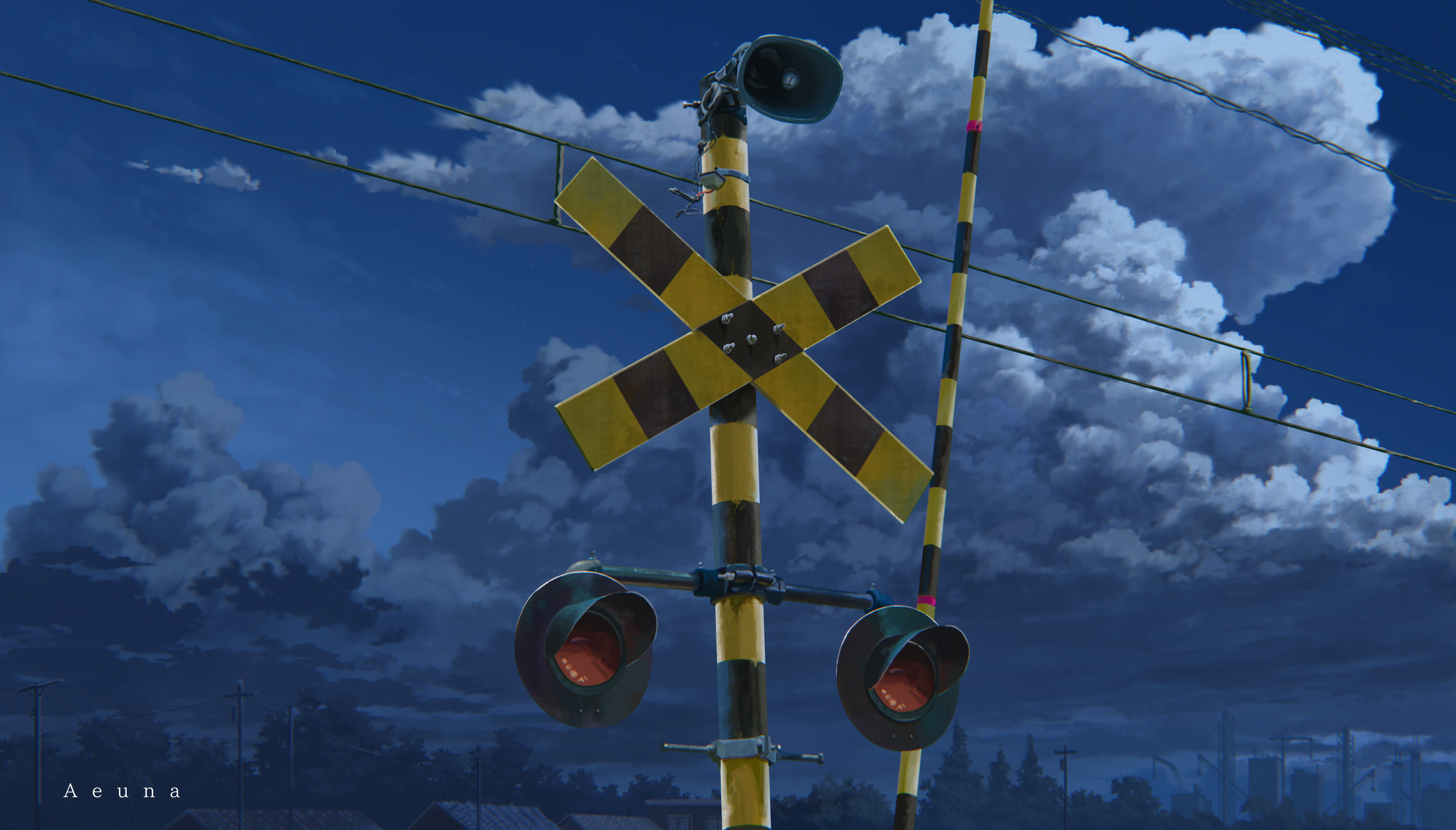 aeuna, original, commentary, english commentary, highres, artist name, blue sky, building, cloud, cloudy sky, cumulonimbus cloud, day, no humans, outdoors, power lines, public address system, railroad crossing ahead sign, scenery, sky, traffic light, tree, utility pole