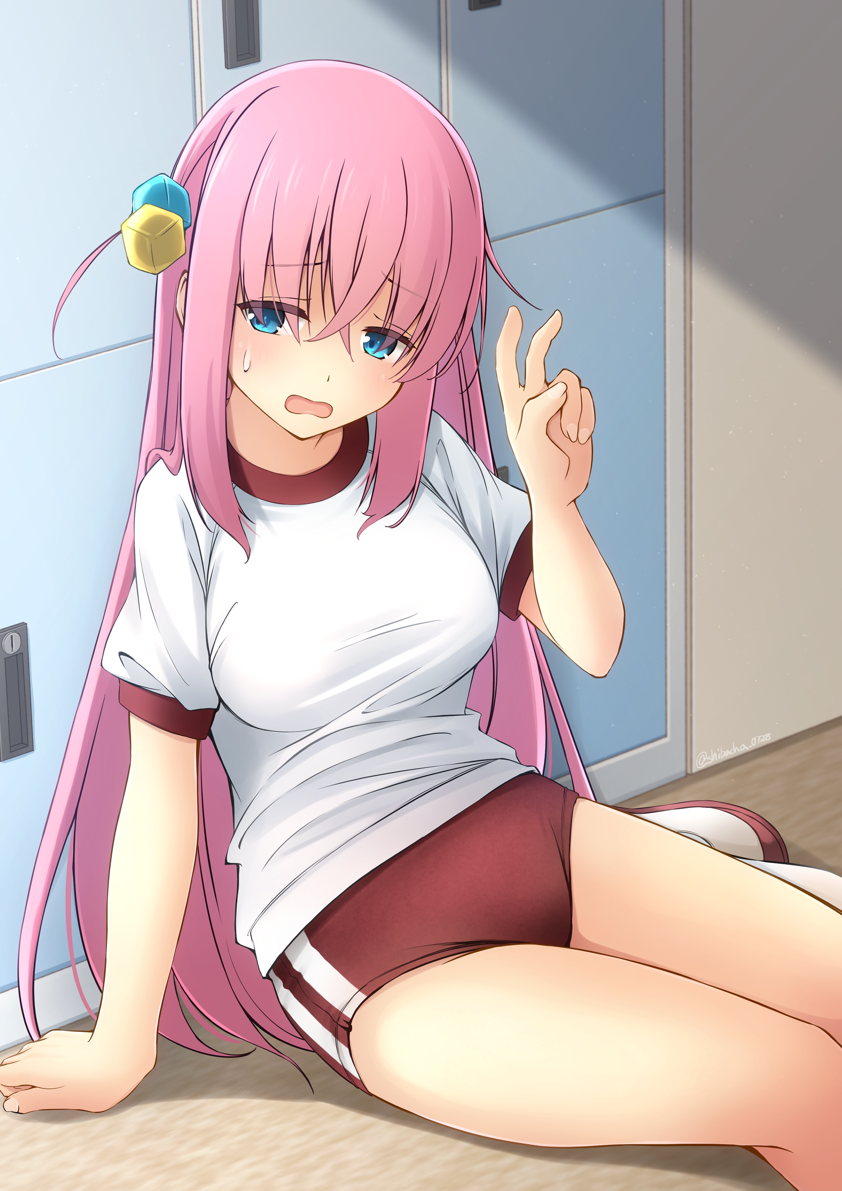 shibacha, gotoh hitori, bocchi the rock!, absurdres, commission, highres, pixiv commission, 1girl, arm up, blue eyes, breasts, buruma, cube hair ornament, embarrassed, gym uniform, hair ornament, indoors, locker, long hair, on floor, one side up, open mouth, pink hair, red buruma, shirt, shoes, short sleeves, sitting, solo, sweatdrop, thighs, v, white shirt, white shoes