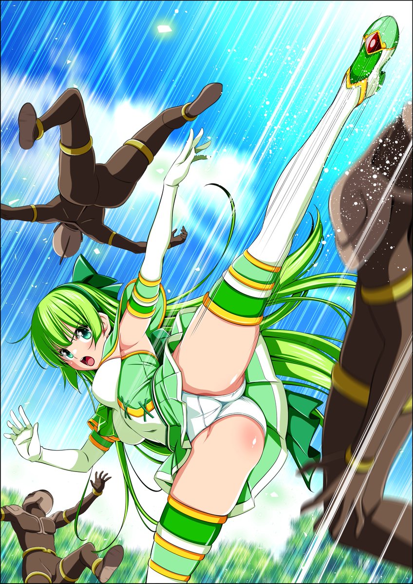 koeda0111, clover leaf, hasumi ren (clover rose), original, yotsuba no senki clover rose, 1girl, 3boys, ascot, back bow, blush, body blush, bodysuit, bow, breasts, brown bodysuit, brown helmet, capelet, covered navel, crossed legs, detached sleeves, dress, elbow gloves, emphasis lines, eyebrows hidden by hair, fighting, full body, gloves, green ascot, green bow, green capelet, green dress, green eyes, green hair, green hairband, green skirt, hair between eyes, hair bow, hairband, hands up, helmet, kicking, large bow, long hair, magical girl, medium breasts, miniskirt, multicolored dress, multicolored skirt, multiple boys, narrow waist, navel, open hands, open mouth, panties, pantyshot, pleated skirt, serious, short dress, sidelocks, skirt, sleeveless, sleeveless dress, split, standing, standing on one leg, standing split, strapless, strapless dress, thighhighs, thighs, tube dress, underwear, white panties, wispy bangs, zettai ryouiki