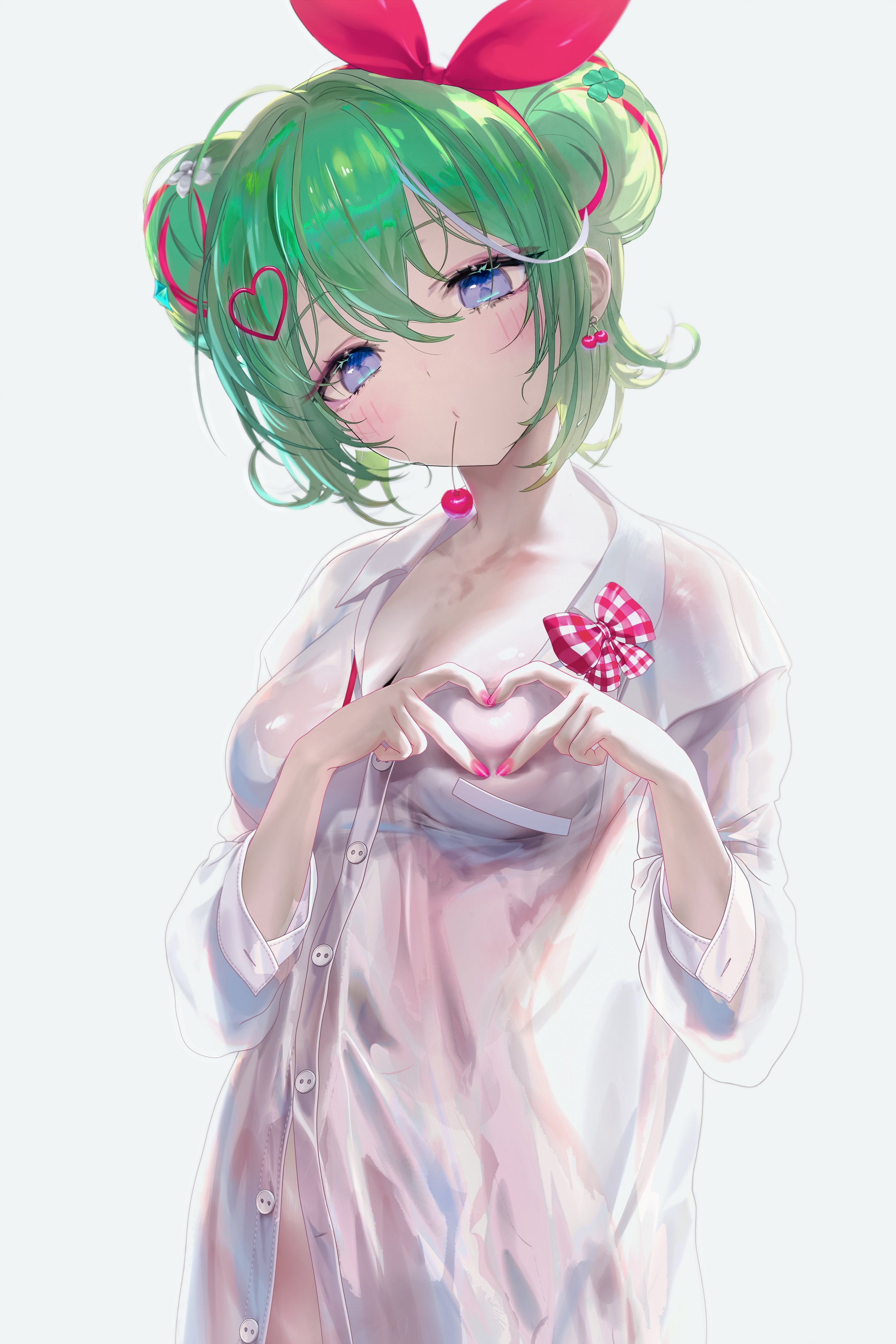 cicei, yuzuha riko, stellive, absurdres, commentary, highres, symbol-only commentary, 1girl, blue eyes, blush, bow, bow hairband, bra visible through clothes, cherry, cherry earrings, closed mouth, clover hair ornament, collarbone, double bun, earrings, flower, food, food-themed earrings, food in mouth, food themed earrings, four-leaf clover hair ornament, fruit, green hair, hair between eyes, hair bun, hair flower, hair ornament, hairband, hands up, heart, heart hair ornament, jewelry, long bangs, multicolored hair, partially unbuttoned, pink streaks, plaid bow, red bow, red hairband, see-through clothes, see-through shirt, shirt, shirt bow, short hair, simple background, solo, streaked hair, three-quarter sleeves, upper body, virtual youtuber, wet, wet clothes, wet shirt, white background, white shirt, white streaks
