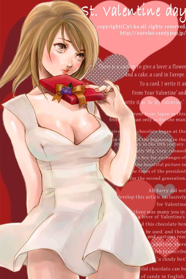 ri-ko, original, 1girl, blush, breasts, brown eyes, brown hair, cleavage, covered erect nipples, dress, english text, engrish text, female focus, gift, holding, holding gift, ranguage, short hair, solo, valentine