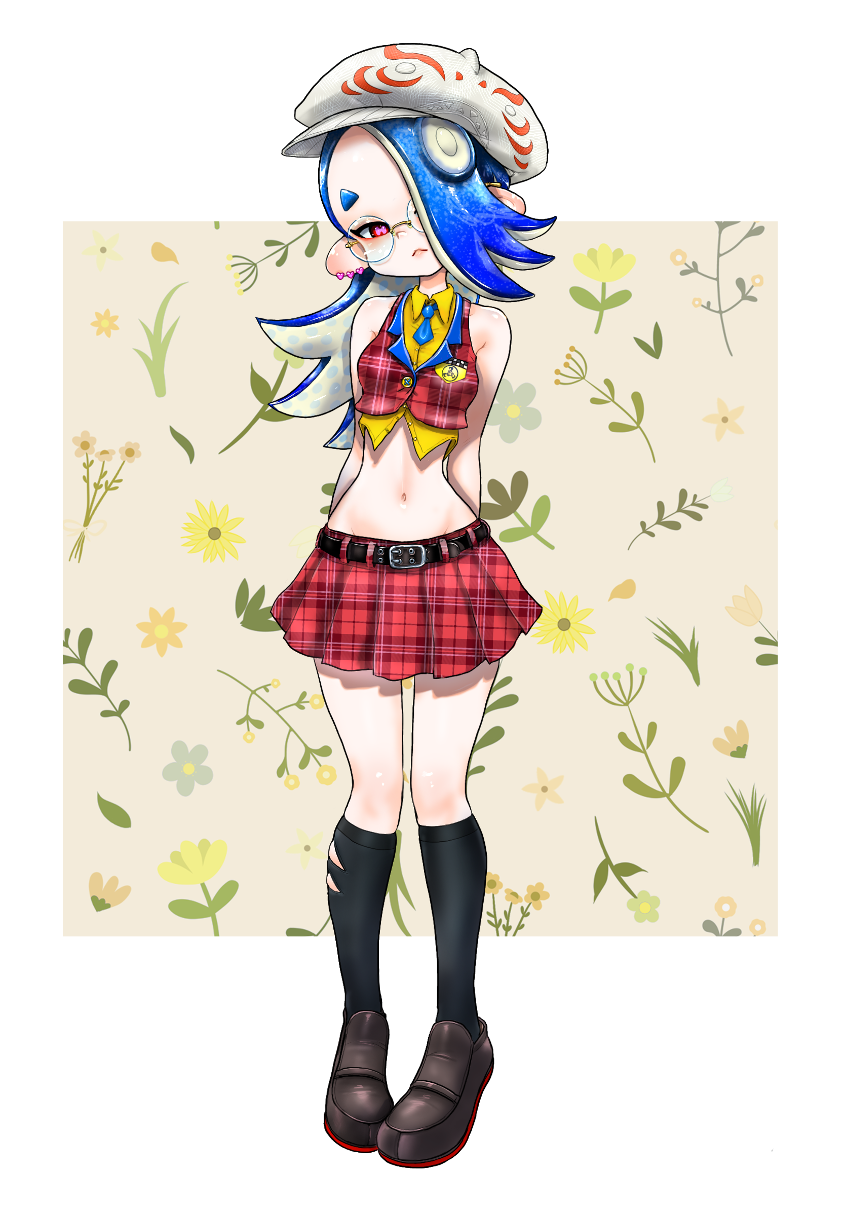 koharu2.5, shiver (splatoon), nintendo, splatoon (series), highres, 1girl, adapted costume, arms behind back, bare shoulders, belt, black belt, blue hair, blue necktie, breasts, brown shoes, cephalopod eyes, clothing cutout, collared shirt, colored inner hair, colored shoe soles, cropped shirt, cropped vest, dress shirt, earrings, flat cap, floral background, full body, glasses, groin, hair over one eye, hat, head tilt, heart, heart earrings, jewelry, kneehighs, loafers, long hair, miniskirt, multicolored hair, multiple earrings, narrow waist, navel, necktie, octoling, pink pupils, plaid clothes, plaid skirt, plaid vest, pleated skirt, polka dot, polka dot hair, red eyes, red skirt, rimless eyewear, round eyewear, shirt, shoes, short necktie, skirt, sleeveless, sleeveless shirt, small breasts, socks, solo, tentacle hair, thick eyebrows, unmoving pattern, vest, white background, yellow shirt