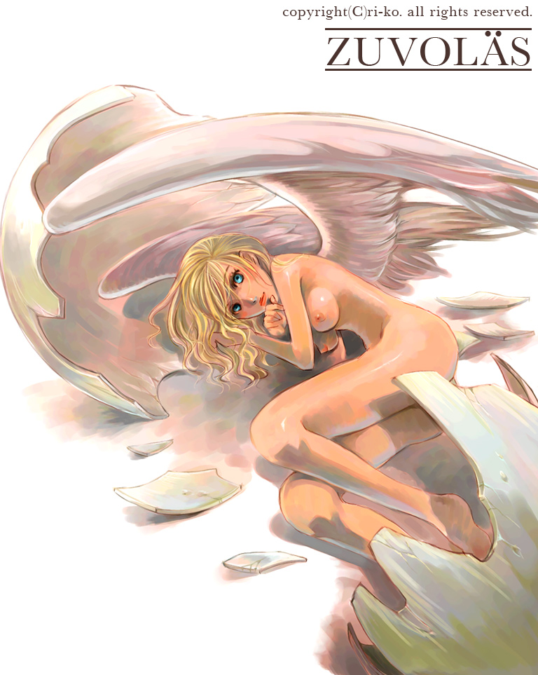 ri-ko, original, 1girl, angel wings, barefoot, blonde hair, blue eyes, breasts, eggshell, female focus, hatching, lips, long hair, lying, nipples, nude, solo, wings