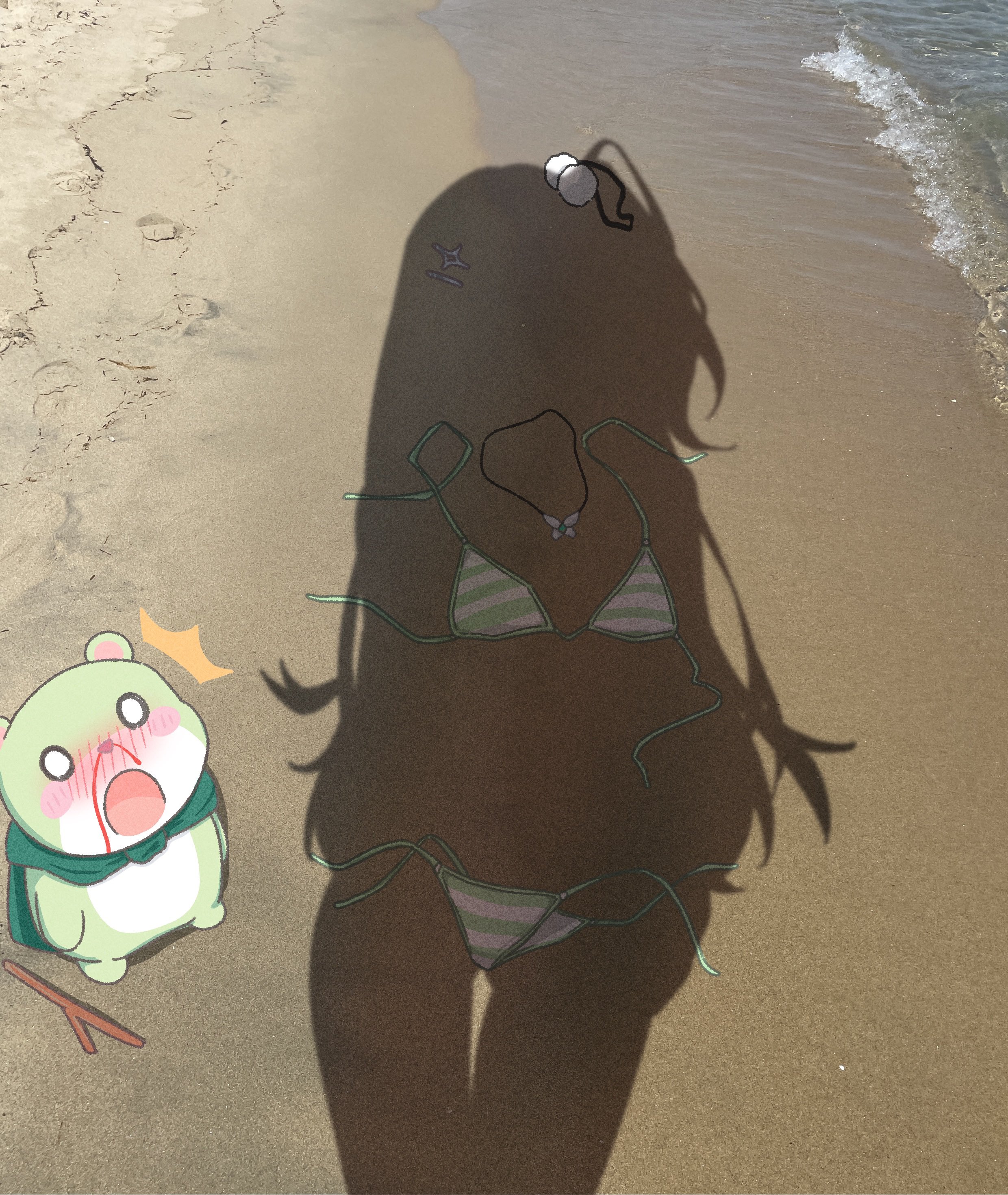 chaeeunhan124, chico (yuzuha riko), yuzuha riko, stellive, absurdres, commentary request, highres, korean commentary, 1girl, beach, bikini, blush, diamond hair ornament, dressed shadow (meme), hair ornament, hairclip, implied nudity, jewelry, meme, necklace, nose blush, notice lines, o o, open clothes, photo background, pom pom (clothes), pom pom hair ornament, sand, shadow, solo, stick, striped bikini, striped clothes, swimsuit, untied bikini, unworn bikini, unworn hair ornament, unworn jewelry, unworn necklace, virtual youtuber, water, waves