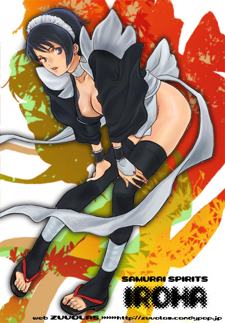 iyokawa, ri-ko, iroha (samurai spirits), samurai spirits, 1girl, bent over, black hair, breasts, cleavage, female focus, maid, short hair, solo, thighhighs