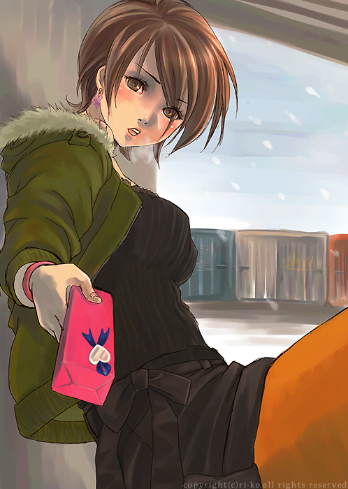 ri-ko, original, bad id, bad pixiv id, 1girl, blush, brown eyes, brown hair, earrings, female focus, gift, holding, holding gift, jewelry, pantyhose, short hair, solo, valentine, yellow pantyhose