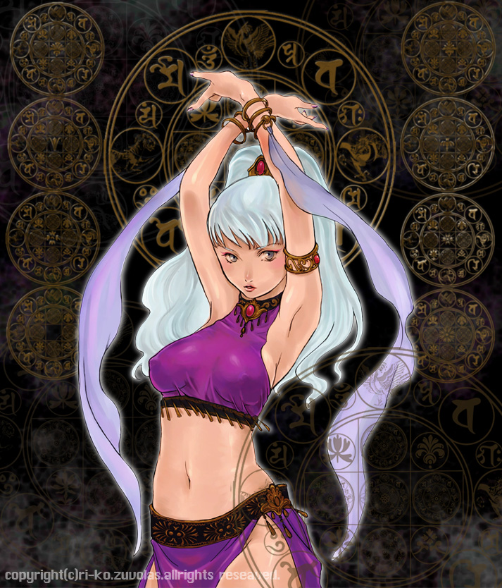 ri-ko, original, bad id, bad pixiv id, armpits, bracelet, halterneck, jewelry, long hair, midriff, ponytail, see-through clothes, solo, white hair