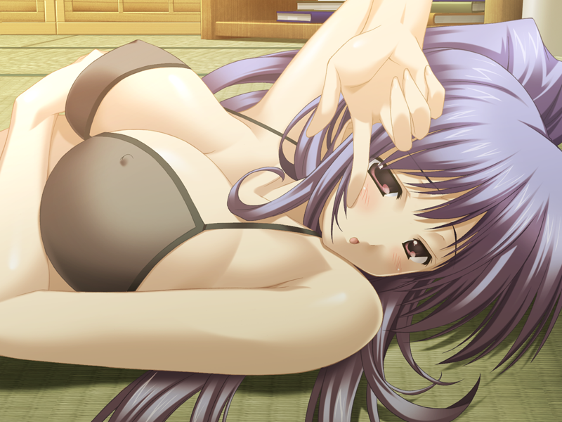 goma satoshi, hayashida ritsuko, oshiete miko sensei, game cg, 1girl, :o, blush, bra, breasts, cleavage, covered erect nipples, lingerie, long hair, lying, on floor, open mouth, oshiete miko sensei (series), ponytail, purple hair, red eyes, solo, tatami, underwear