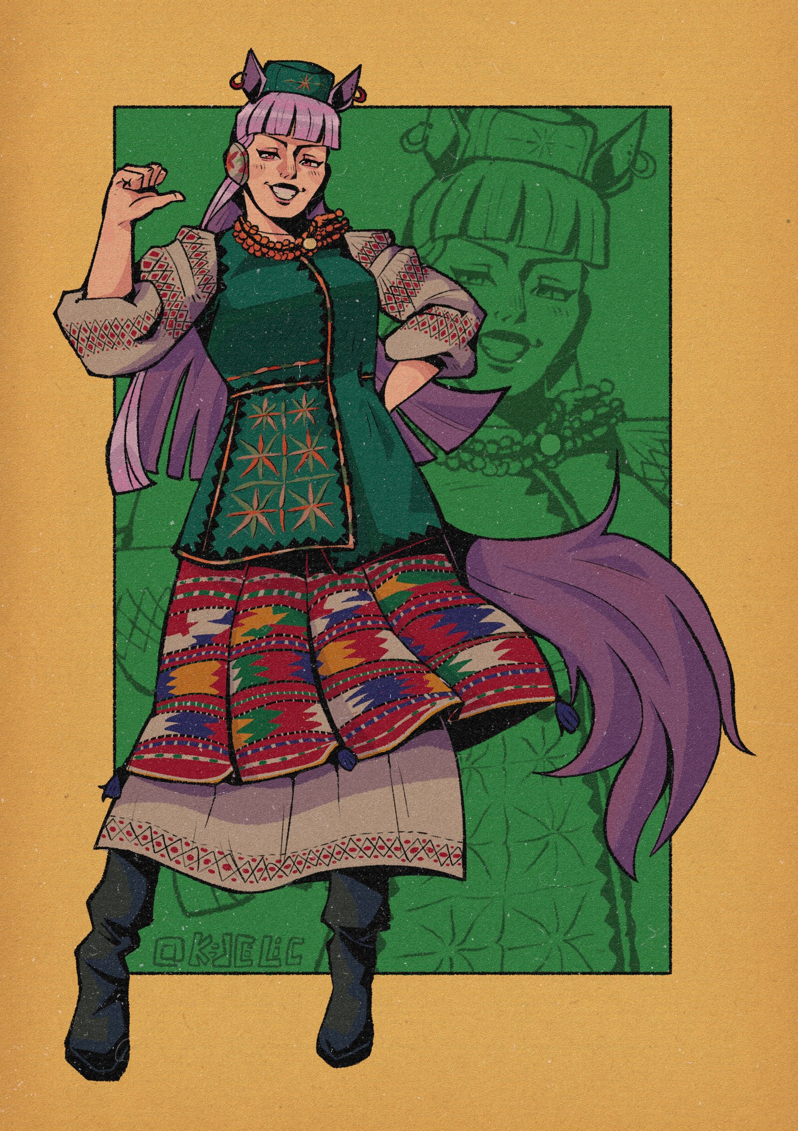 gold ship (umamusume), umamusume, commentary request, highres, 1girl, animal ears, artist name, blunt bangs, bow, ear ribbon, embroidered dress, embroidery, hands on own hips, hat, horse ears, horse girl, horse tail, jewelry, kijcilic, lips, long hair, looking at viewer, open mouth, parted lips, pillbox hat, pointing, pointing at self, purple eyes, purple hair, shirt, signature, simple background, slavic clothes, smile, smug, solo, tail, traditional dress, ukraine, ukrainian clothes, ukrainian commentary, vyshyvanka