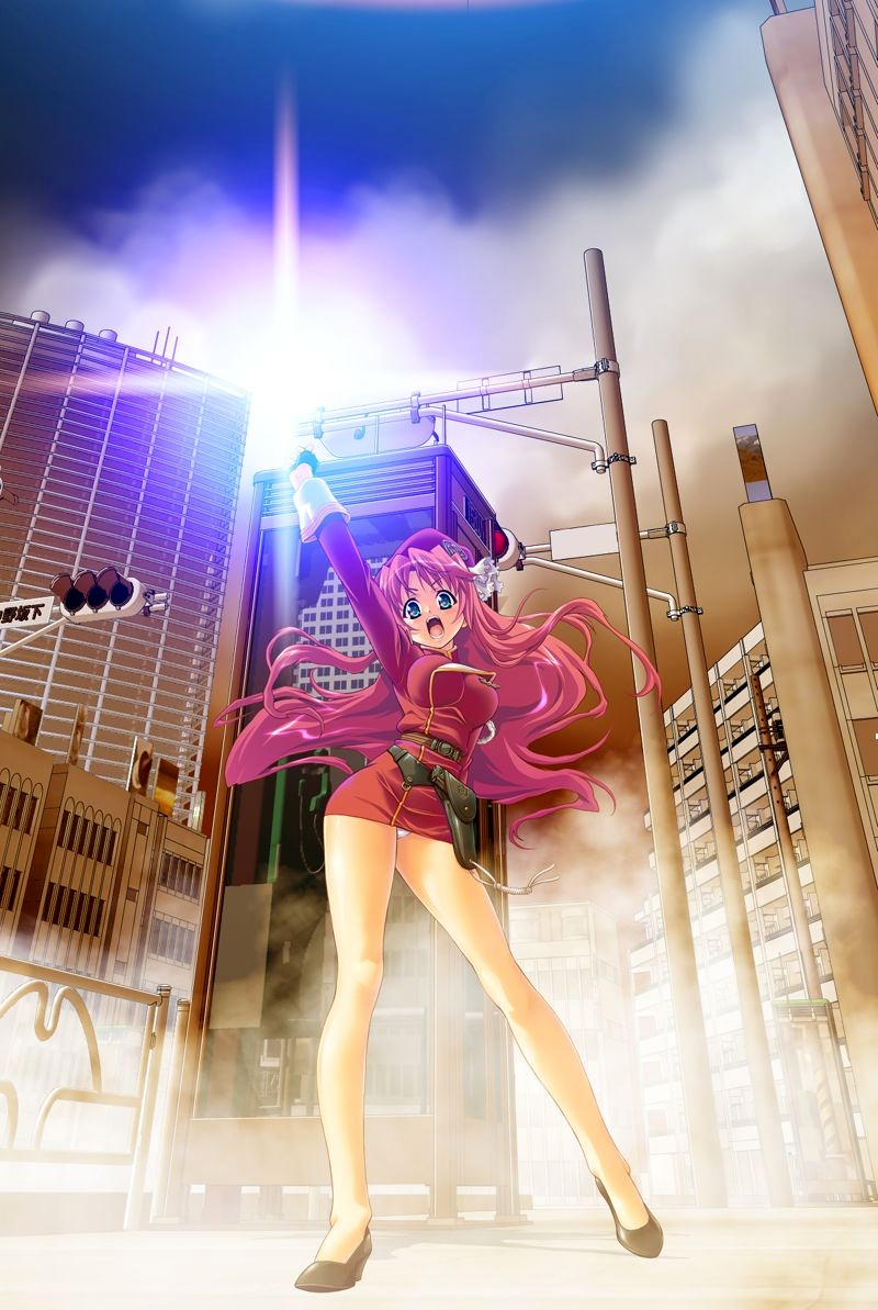 gouri yukie, zwei worter, uniform, belt, city, fog, green eyes, gunbelt, high heels, holster, long hair, miniskirt, panties, pantyshot, pink hair, red hair, shoes, skirt, solo, sun, underwear