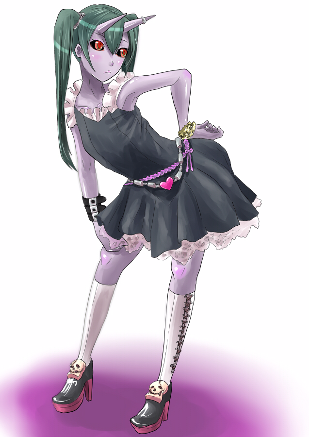 yokkora, original, bad id, bad pixiv id, 1girl, armpits, bent over, black sclera, blush, boots, colored sclera, colored skin, dress, fashion, female focus, flat chest, green hair, hand on own hip, hip focus, horns, long hair, looking back, monster girl, purple skin, red eyes, solo, twintails, wristband