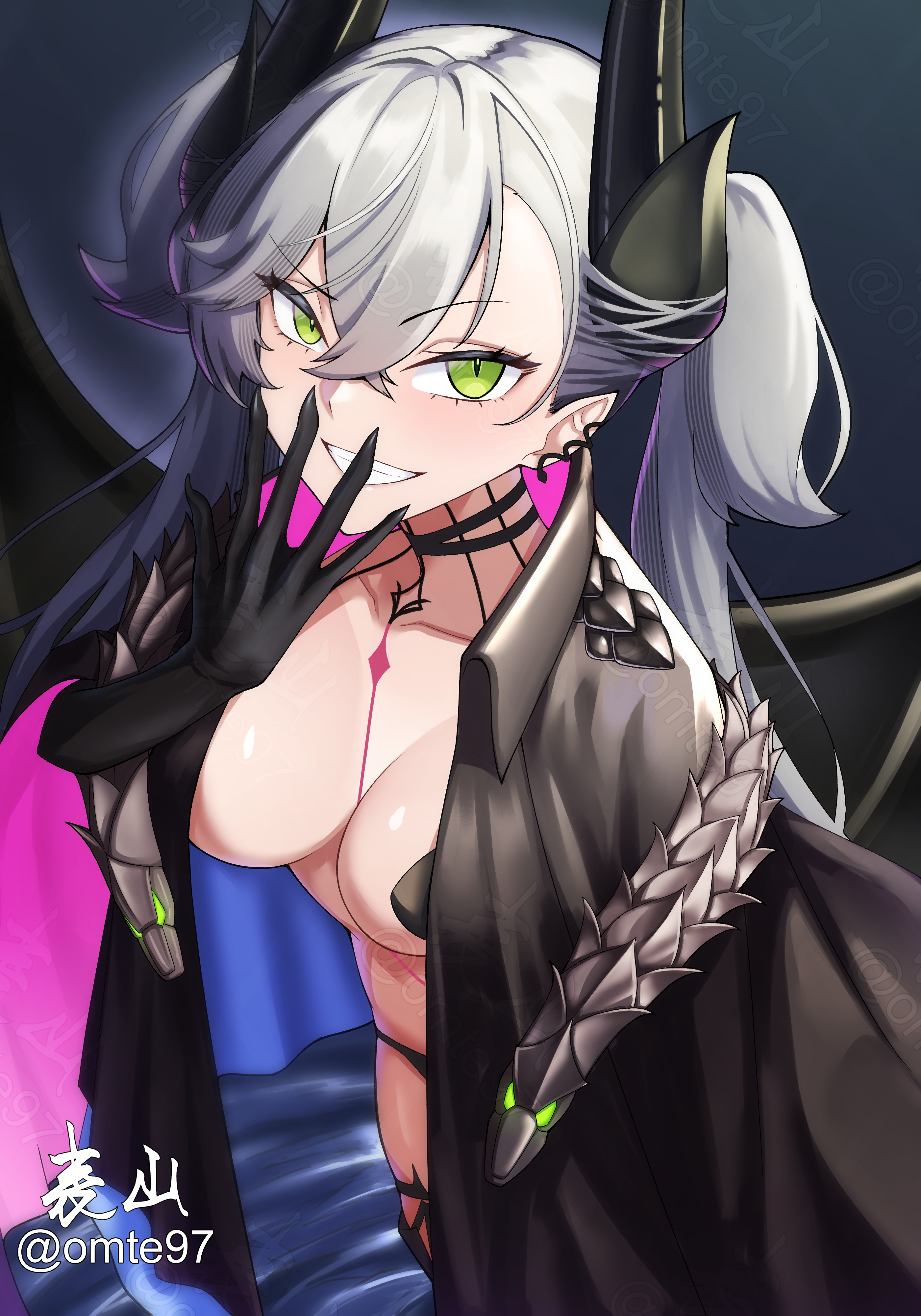 omte97, lilith (fate), lilith (second ascension) (fate), fate/grand order, fate (series), absurdres, highres, 1girl, black cloak, black hands, black panties, black thighhighs, blush, body markings, breasts, choker, cloak, colored extremities, crossed bangs, demon girl, demon horns, demon wings, ear piercing, green eyes, grey hair, grin, hair between eyes, horns, large breasts, long hair, looking at viewer, panties, piercing, pointy ears, smile, solo, thighhighs, twintails, underwear, very long hair, wings