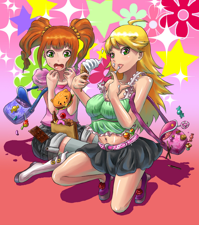 yokkora, hoshii miki, takatsuki yayoi, chupa chups, idolmaster, idolmaster (classic), idolmaster 1, messy, bad id, bad pixiv id, 00s, 2girls, bag, blonde hair, brown hair, burger, camisole, candy, checkerboard cookie, chocolate, chocolate-covered food, chocolate banana, cookie, donut, eating, food, green eyes, ice cream, ice cream cone, jelly bean, kneeling, lollipop, long hair, midriff, multiple girls, on one knee, pocky, sitting, skirt, soft serve, squatting, sweets, swirl lollipop, thighhighs, twintails