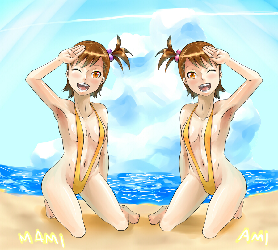 yokkora, futami ami, futami mami, idolmaster, idolmaster (classic), idolmaster 1, bad id, bad pixiv id, 00s, 2girls, armpits, barefoot, beach, brown hair, day, flat chest, hair bobbles, hair ornament, kneeling, multiple girls, ocean, one eye closed, orange eyes, outdoors, ponytail, salute, short hair, siblings, side ponytail, sisters, sky, slingshot swimsuit, swimsuit, twins, wink