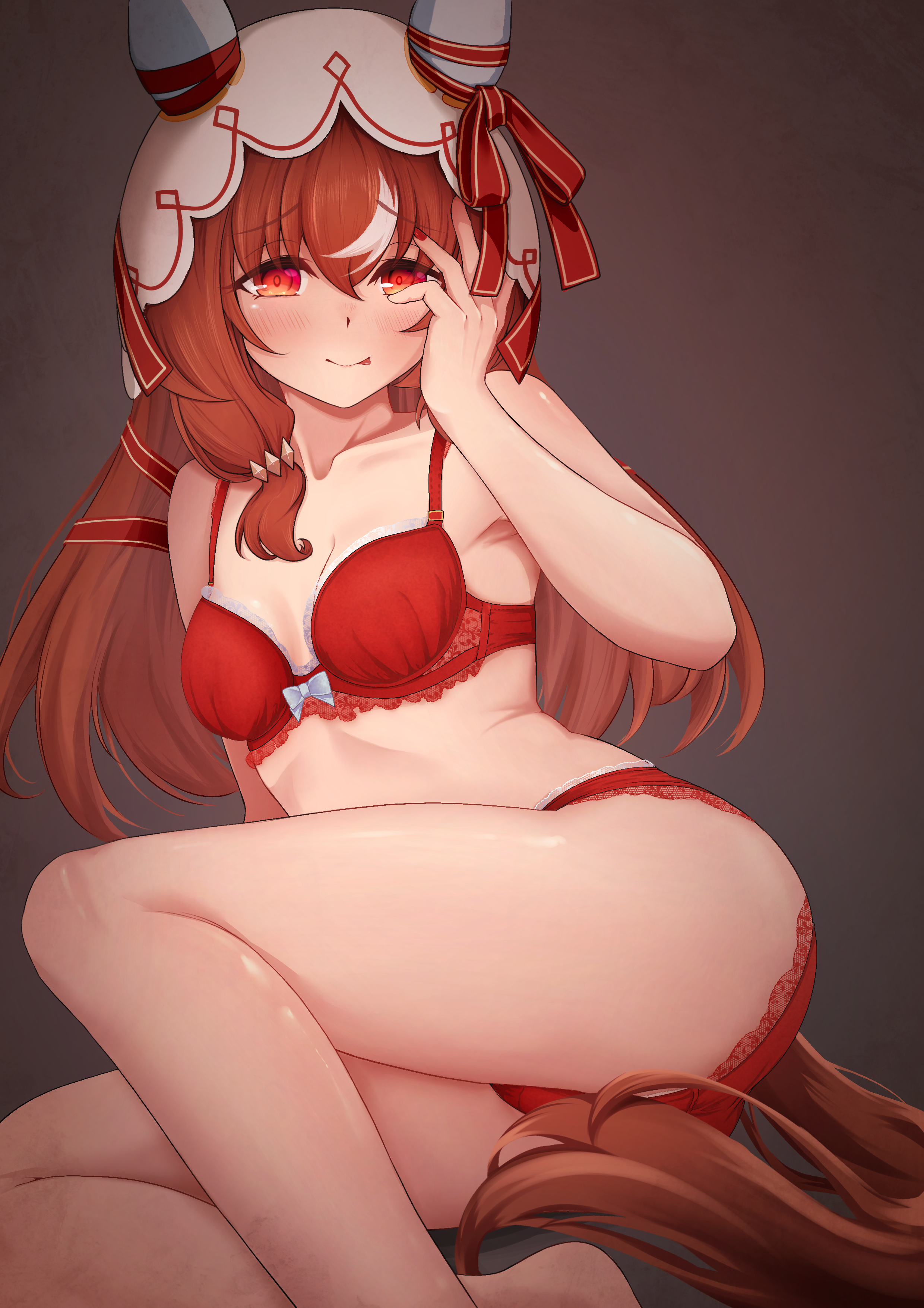 kiri kiri, still in love (umamusume), umamusume, absurdres, commentary request, highres, :p, animal ears, armpits, blush, bra, breasts, brown hair, cleavage, collarbone, hair between eyes, hair ornament, horse ears, horse girl, horse tail, panties, red eyes, ribbon, simple background, tail, thighs, tongue, tongue out, underwear, veil