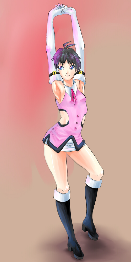 yokkora, kikuchi makoto, idolmaster, idolmaster (classic), idolmaster 1, bad id, bad pixiv id, 00s, antenna hair, armpits, black hair, blue eyes, boots, cute & girly (idolmaster), dress, elbow gloves, flat chest, full body, gloves, legs, short hair, solo, stretching, tomboy