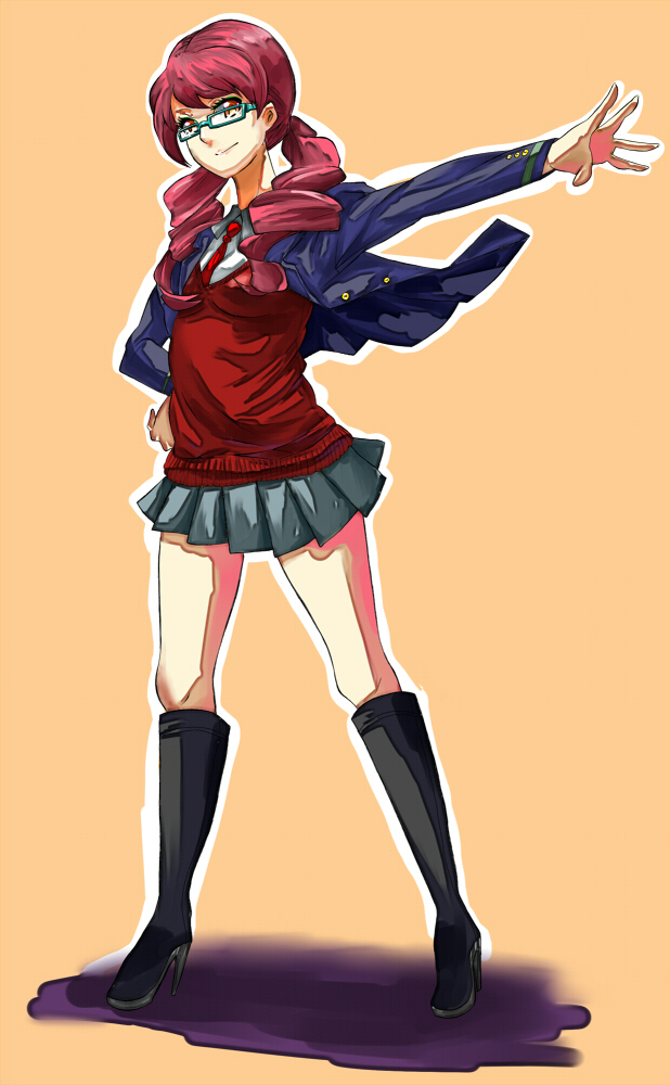 yokkora, original, bad id, bad pixiv id, boots, drill hair, glasses, long hair, red eyes, red hair, school uniform, serafuku, skirt, solo