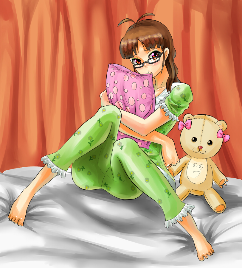 yokkora, akizuki ritsuko, idolmaster, idolmaster (classic), bad id, bad pixiv id, 00s, ahoge, barefoot, bed, blush, brown hair, feet, glasses, hugging object, lonely, long hair, pajamas, pillow, pillow hug, red eyes, sitting, solo, stuffed animal, stuffed toy, teddy bear