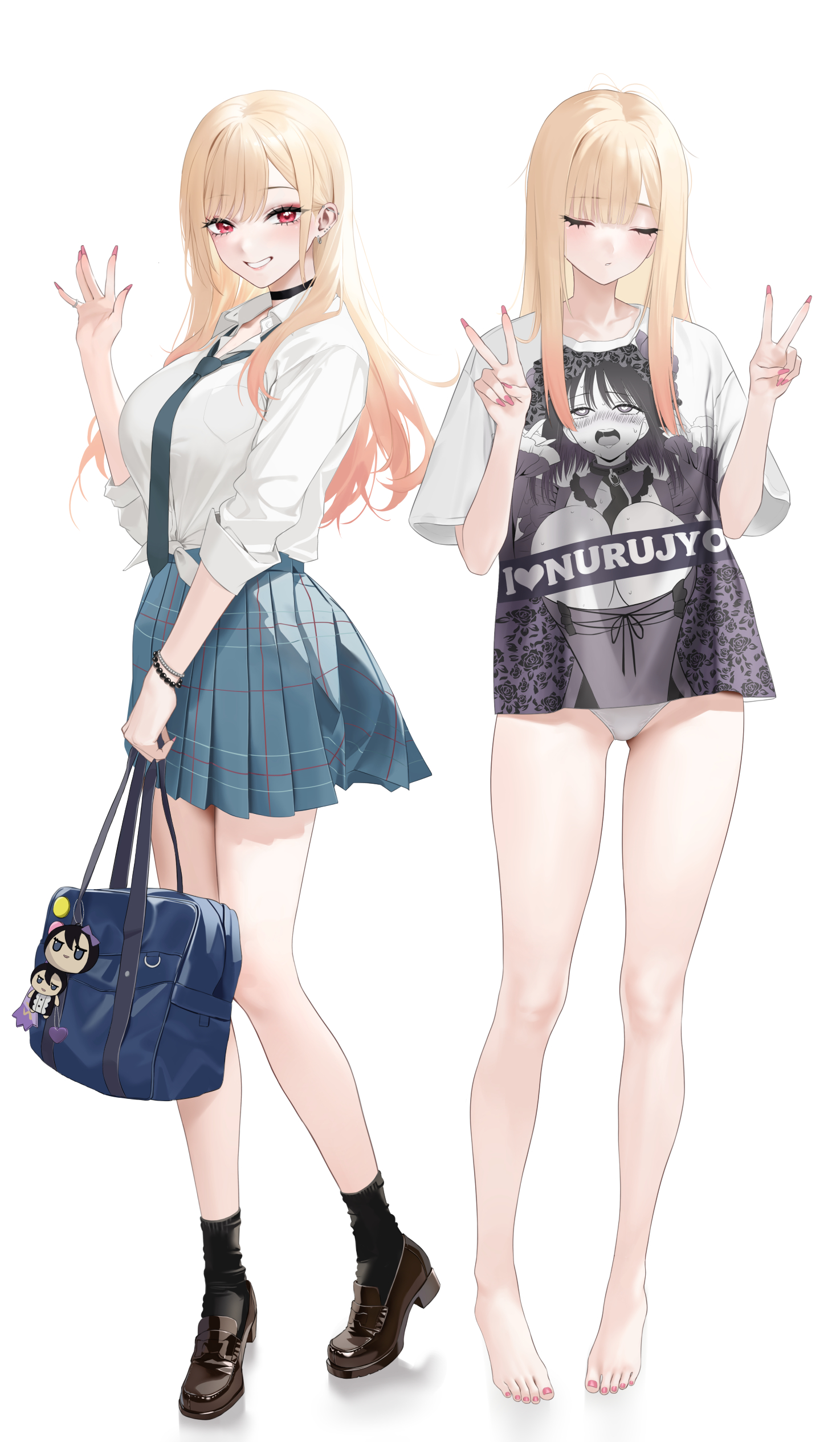 abab xiaxia, kitagawa marin, sono bisque doll wa koi wo suru, absurdres, highres, 1girl, ahegao, bag, bare legs, barefoot, black socks, blonde hair, blue bag, blue necktie, blue skirt, blush, brown shoes, closed eyes, closed mouth, collared shirt, double v, grin, holding, holding bag, long hair, necktie, no pants, panties, pleated skirt, red eyes, red nails, shirt, shoes, sidelocks, skirt, smile, socks, t-shirt, underwear, v, white panties