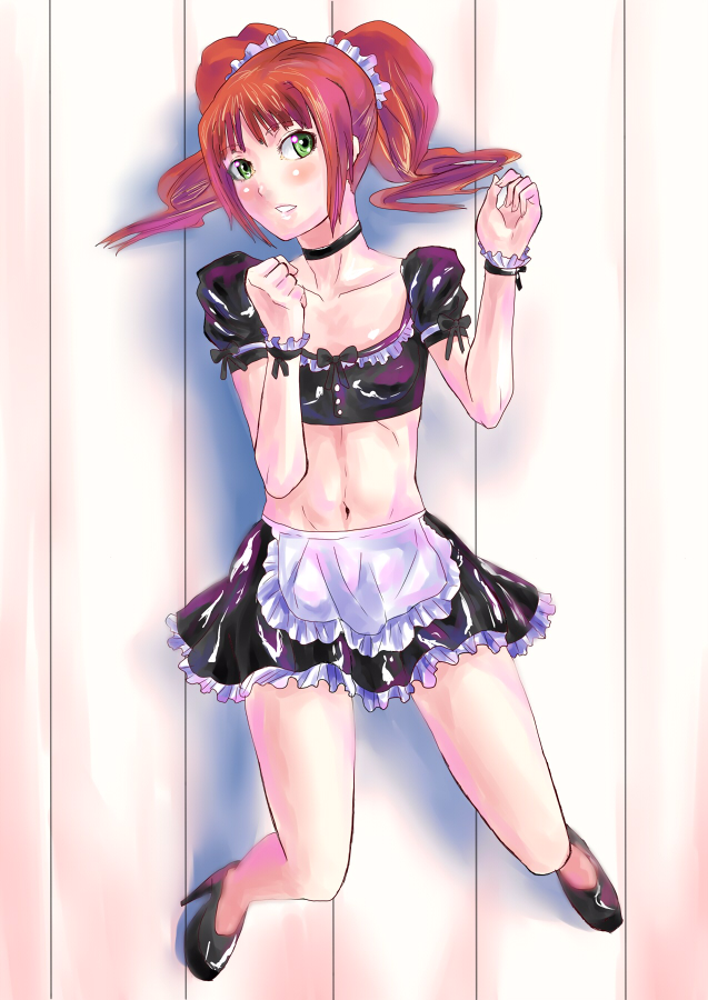 yokkora, takatsuki yayoi, idolmaster, idolmaster (classic), idolmaster 1, bad id, bad pixiv id, 00s, 1girl, blush, brown hair, choker, female focus, frills, green eyes, lace, legs, lying, maid, midriff, red hair, solo, twintails