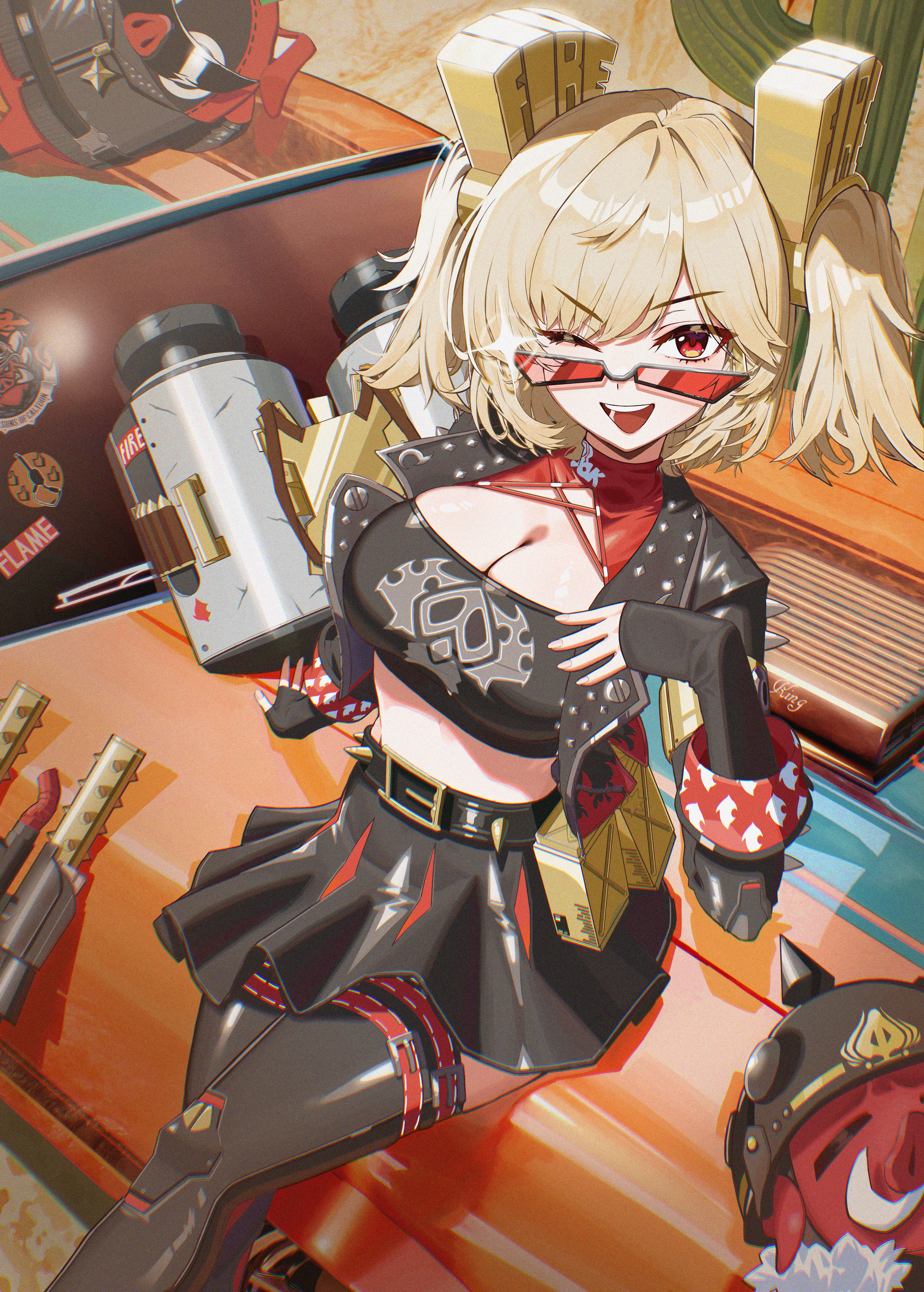 moya02 ku, burnice white, zenless zone zero, absurdres, highres, 1girl, bikini, bikini top only, black bikini, black jacket, black skirt, black thighhighs, blonde hair, breasts, cleavage, cropped jacket, crossed legs, glasses, jacket, large breasts, looking at viewer, one eye closed, open clothes, open jacket, open mouth, red-tinted eyewear, red eyes, short hair, sidelocks, sitting, skirt, solo, swimsuit, thighhighs, tinted eyewear, two side up