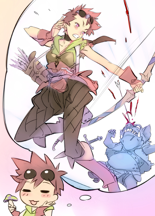 nishieda, golden lore, bad id, bad pixiv id, battle, blood, blush, boots, bow, bow (weapon), dagger, knife, mushroom, pink eyes, quiver, red hair, weapon