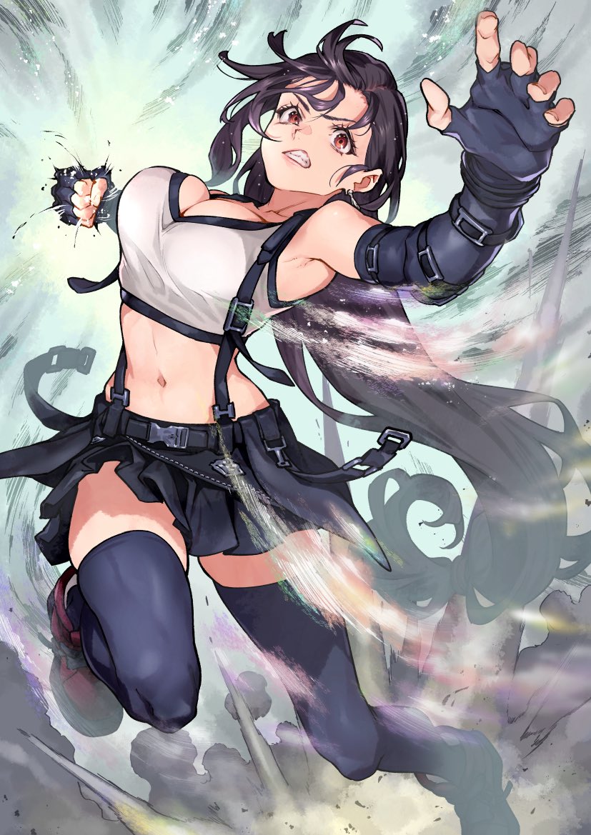 saeki shun, tifa lockhart, final fantasy, 1girl, black gloves, black skirt, black thighhighs, breasts, brown hair, clenched hand, clenched teeth, fingerless gloves, gloves, looking at viewer, midriff, red eyes, skirt, solo, teeth, thighhighs, vest, white vest