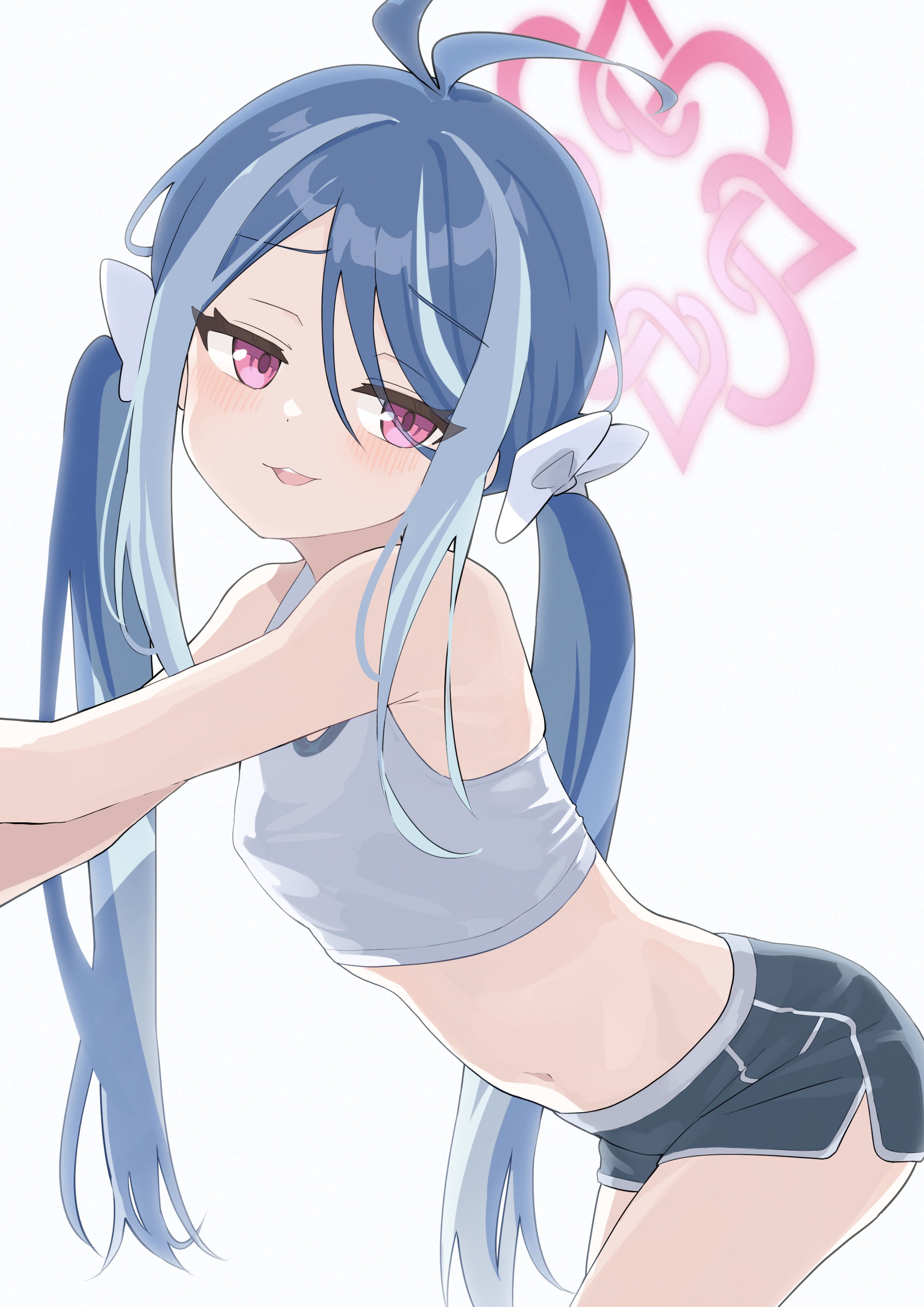 mr.lazy, fubuki (blue archive), blue archive, absurdres, highres, 1girl, antenna hair, blue hair, crop top, dolphin shorts, hair ribbon, halo, long hair, looking at viewer, low twintails, multicolored hair, navel, pink halo, red eyes, ribbon, shirt, shorts, sleeveless, sleeveless shirt, smug, solo, streaked hair, twintails, white background, white shirt