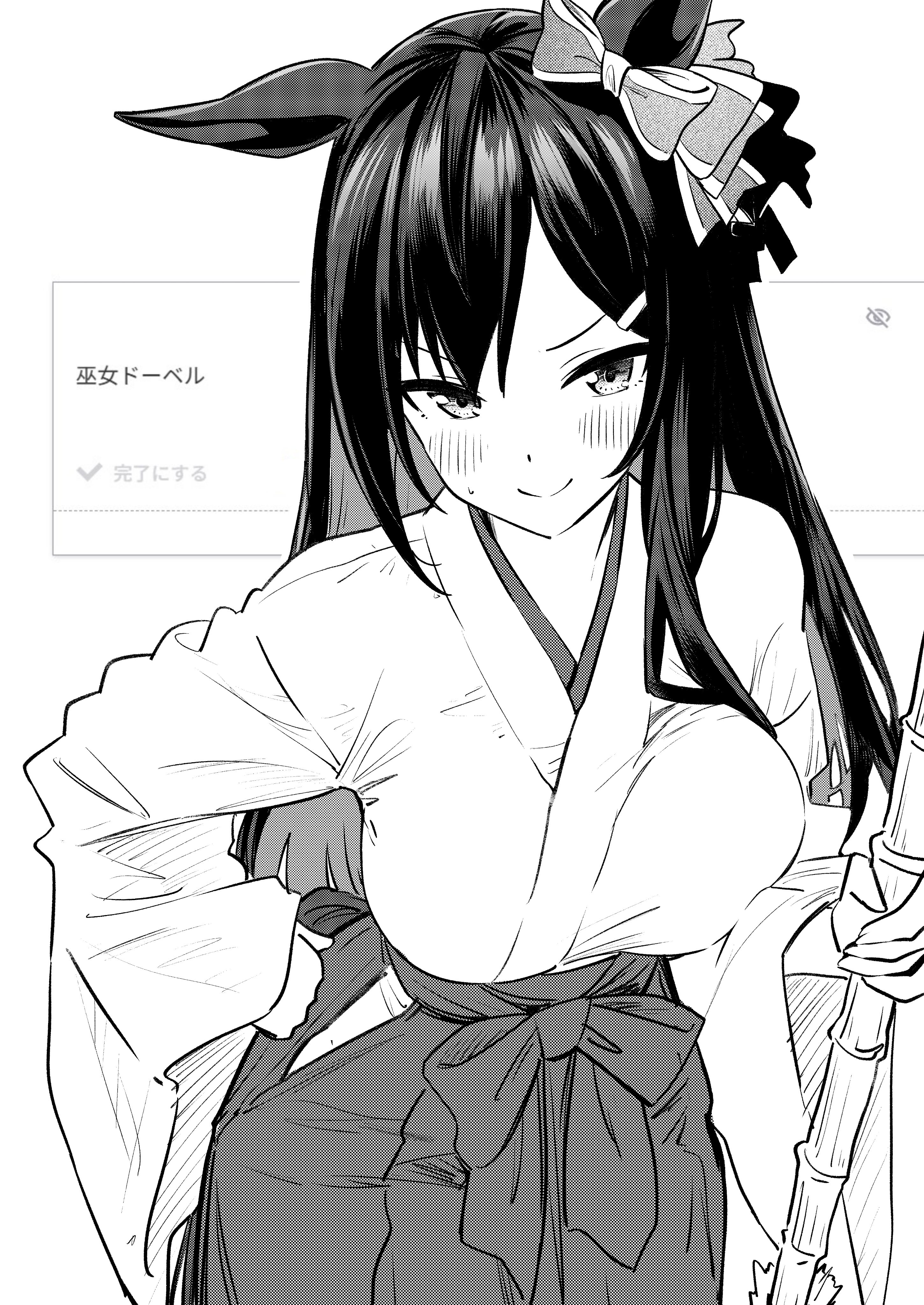 herohero (higashi no dou), mejiro dober (umamusume), umamusume, absurdres, highres, 1girl, animal ears, blush, bow, broom, closed mouth, ear bow, greyscale, hakama, hakama skirt, hand on own hip, holding, holding broom, horse ears, horse girl, japanese clothes, kimono, long hair, looking at viewer, miko, monochrome, sidelocks, skirt, smile, solo, sweatdrop