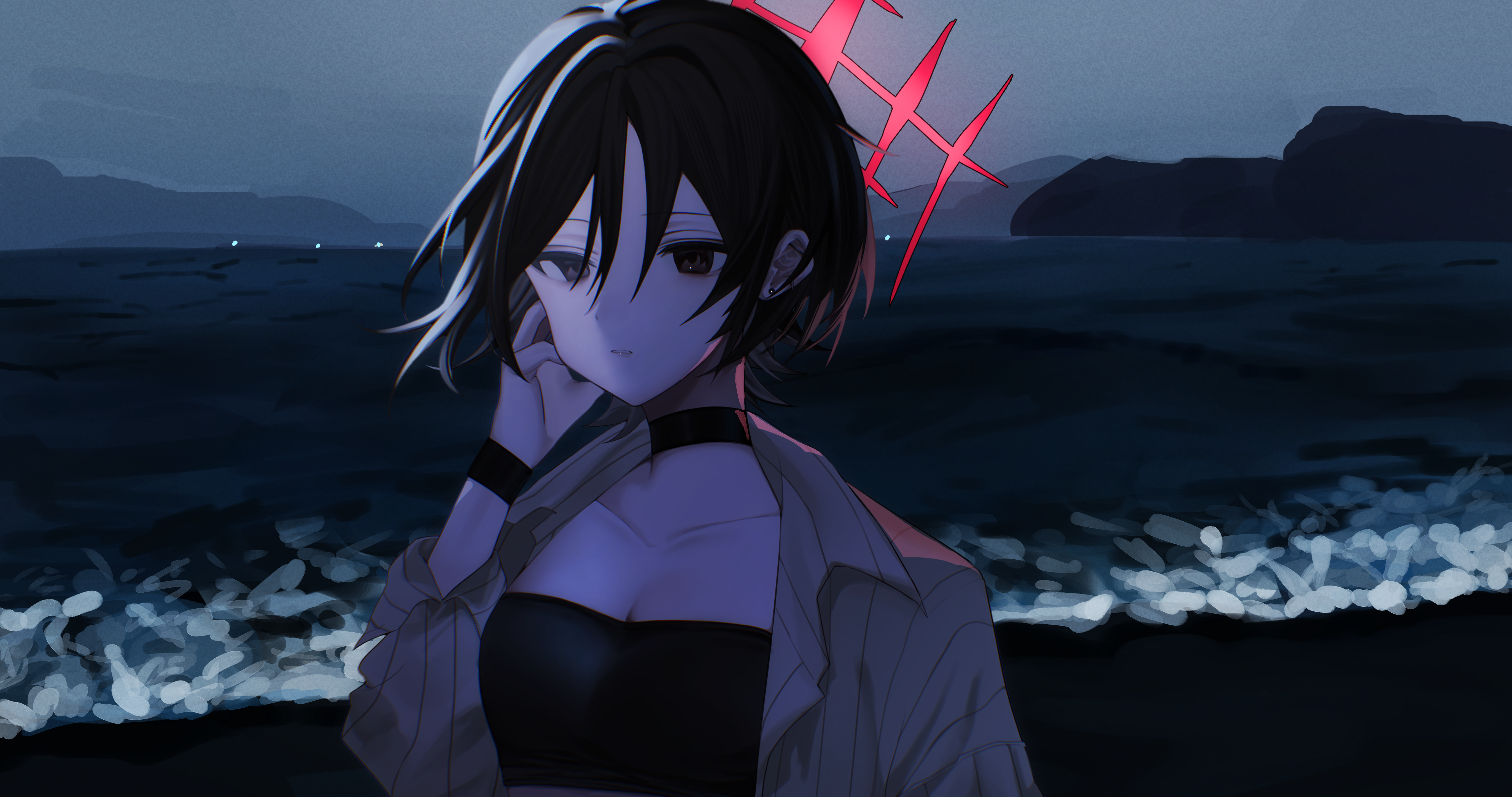 e9ua1, misaki (blue archive), misaki (swimsuit) (blue archive), blue archive, absurdres, commentary, highres, 1girl, arm at side, beach, bikini, black bikini, black choker, black eyes, black hair, breasts, brown shirt, choker, cleavage, collarbone, ear piercing, earrings, hair between eyes, halo, hand on own cheek, hand on own face, hand up, jewelry, long sleeves, looking ahead, medium breasts, night, official alternate costume, open clothes, open shirt, outdoors, parted lips, piercing, red halo, shirt, short hair, solo, strapless, strapless bikini, striped clothes, striped shirt, stud earrings, swimsuit, upper body, vertical-striped clothes, vertical-striped shirt, water, wristband
