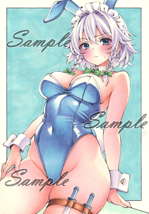 miyakooo0420, izayoi sakuya, touhou, commentary request, traditional media, 1girl, alternate costume, animal ears, blue eyes, blue leotard, blush, bow, bowtie, braid, breasts, cleavage, closed mouth, covered navel, detached collar, green bow, green bowtie, grey hair, groin, hair bow, knife, leotard, long hair, looking at viewer, maid headdress, playboy bunny, rabbit ears, rabbit tail, sample watermark, solo, strapless, strapless leotard, sweatdrop, tail, thigh strap, twin braids, watermark, wrist cuffs