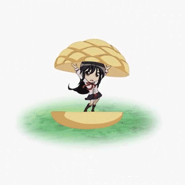 shana, sazae-san, shakugan no shana, animated, animated gif, lowres, 1girl, black hair, bread, chibi, dancing, female focus, food, melon bread, parody, solo, thighhighs