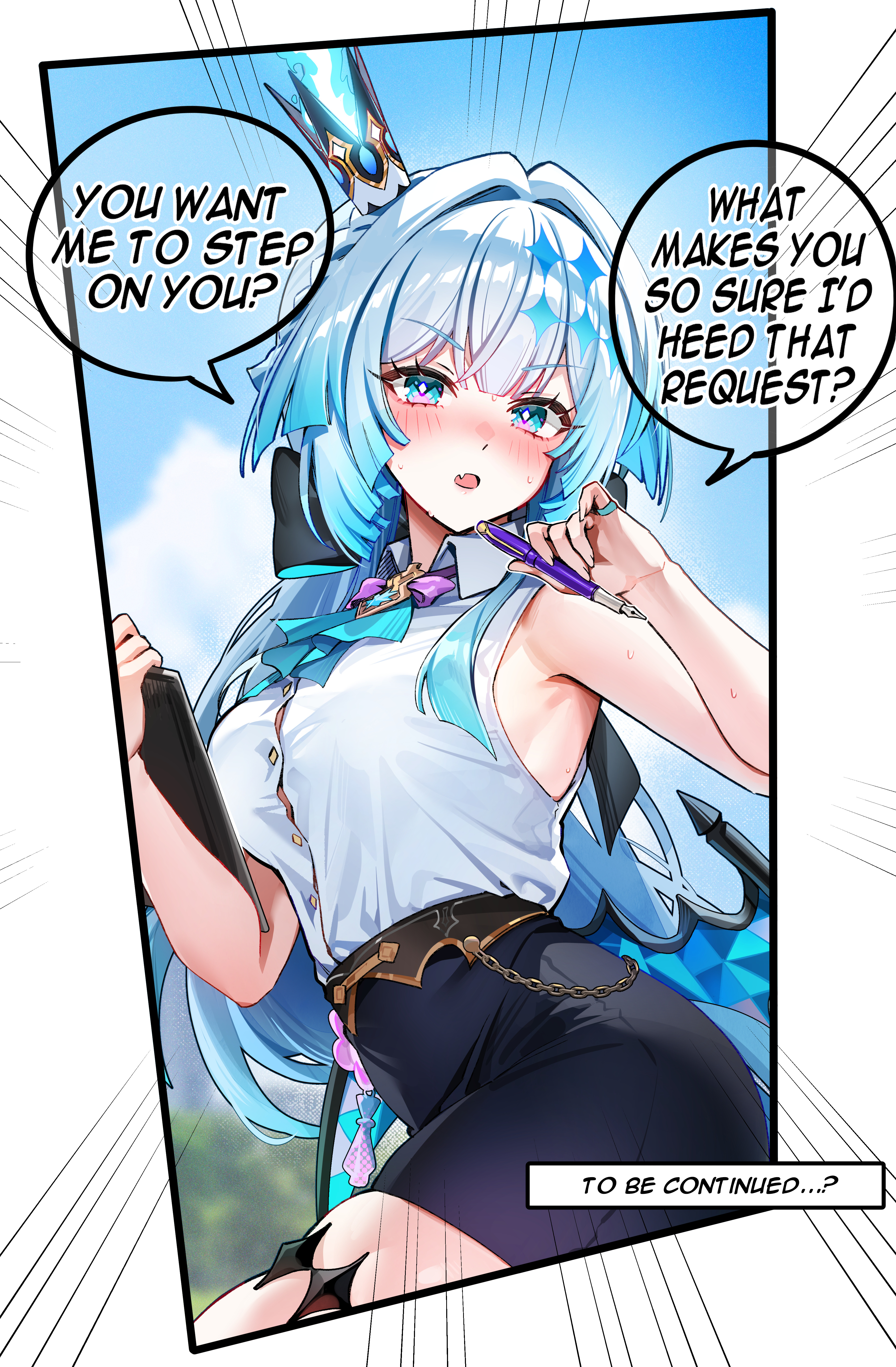 foxyreine, cerydra (honkai: star rail), honkai: star rail, honkai (series), absurdres, commentary, english commentary, highres, 1girl, alternate costume, aqua ascot, armpits, ascot, bare shoulders, black skirt, blue eyes, blue hair, blue sky, blurry, blurry background, blush, breasts, clipboard, collared shirt, crown, day, diamond-shaped pupils, diamond (shape), english text, fang, fingernails, hair intakes, holding, holding clipboard, holding pen, jewelry, long hair, looking at viewer, low wings, medium breasts, office lady, open mouth, outdoors, pen, pencil skirt, ring, shirt, shirt tucked in, skin fang, skindentation, skirt, sky, sleeveless, solo, symbol-shaped pupils, thighs, very long hair, white shirt, wings