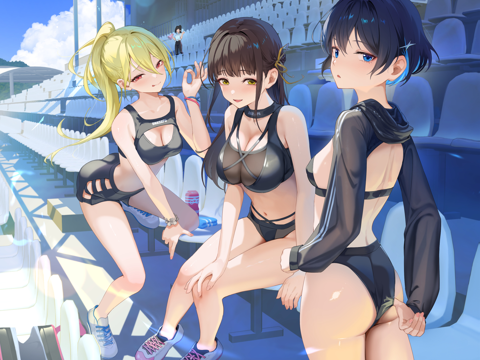 maeshimashi, original, commentary request, highres, 4girls, adjusting clothes, ass, black buruma, black hair, black shorts, black shrug, black sports bra, blue eyes, breasts, brown ribbon, buruma, cleavage, closed mouth, clothing cutout, colored inner hair, day, green hair, grey shoes, hair ornament, hair ribbon, half-closed eyes, hand on own knee, hooded shrug, knee up, large breasts, leaning forward, leaning on object, long hair, long sleeves, looking at viewer, looking back, median furrow, multicolored hair, multiple girls, navel, no shirt, outdoors, parted lips, ponytail, raised inner eyebrows, red eyes, ribbon, shade, shadow, shoes, shorts, shrug (clothing), sitting, smile, sports bra, stadium, standing, star (symbol), star hair ornament, stomach, straight hair, sunlight, tongue, tongue out, turning head