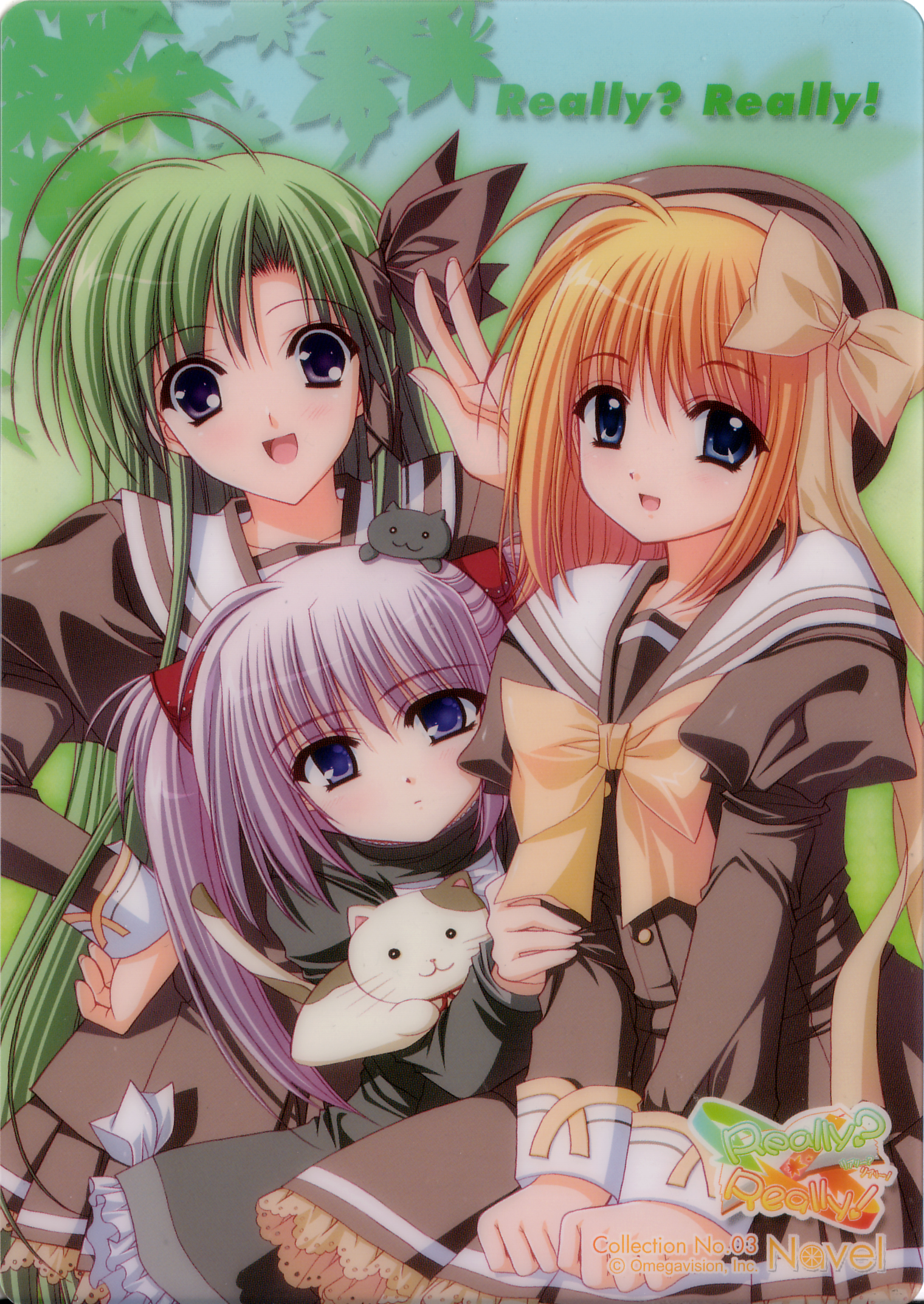 nishimata aoi, suzuhira hiro, fuyou kaede, primula, shigure asa, really? really!, shuffle!, highres, official art, scan, 00s, 3girls, blue eyes, blush, cat, green hair, long hair, multiple girls, orange hair, purple eyes, purple hair, red hair, school uniform, serafuku, short hair, v, very long hair