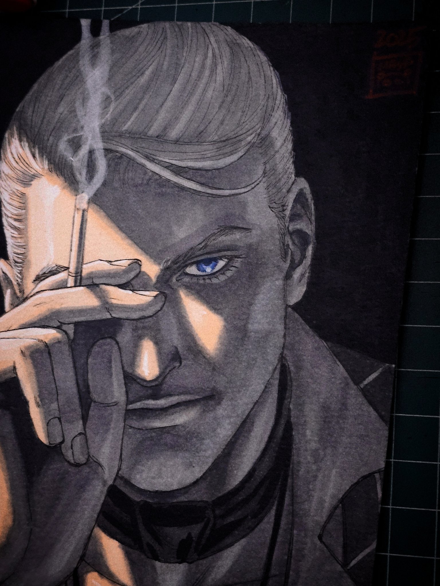 maya panda, prosciutto (jojo), jojo no kimyou na bouken, vento aureo, commentary, english commentary, highres, marker (medium), photo (medium), traditional media, 1boy, bishounen, blue eyes, choker, cigarette, greyscale, hair slicked back, holding, holding cigarette, jacket, looking at viewer, male focus, monochrome, one eye covered, portrait, short hair, smoke, smoke trail, smoking, solo, spot color