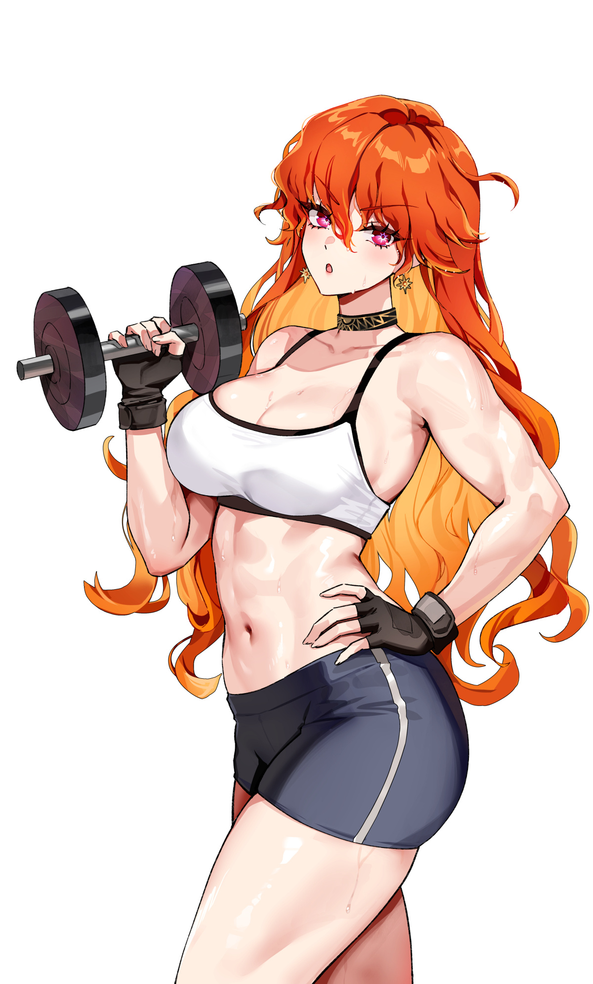 foxyreine, augusta (wuthering waves), wuthering waves, commentary, highres, textless version, 1girl, alternate costume, bare shoulders, black choker, black gloves, black shorts, bottle, breasts, choker, cleavage, collarbone, colored inner hair, dumbbell, earrings, exercising, fingerless gloves, gloves, hair between eyes, hand on own hip, holding, holding dumbbell, jewelry, long hair, looking at viewer, medium breasts, multicolored hair, navel, open mouth, orange hair, red eyes, shorts, signature, simple background, solo, sports bra, stomach, sun earrings, sweat, thighs, toned, toned female, water bottle, watermark, web address, weightlifting, white sports bra