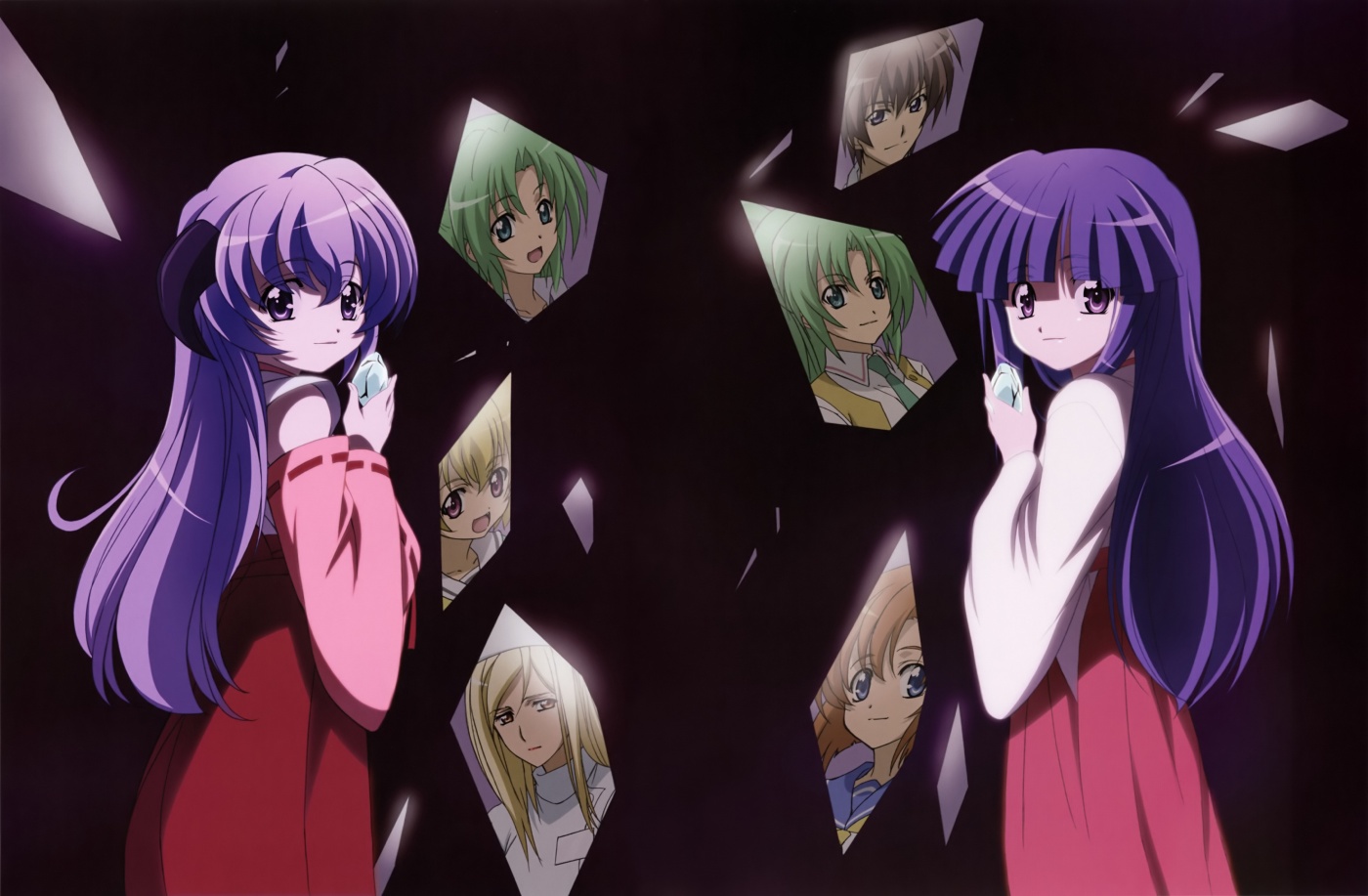 sakai kyuuta, furude rika, hanyuu, houjou satoko, maebara keiichi, ryuuguu rena, sonozaki mion, sonozaki shion, takano miyo, higurashi no naku koro ni, official art, 00s, 1boy, 6+girls, blonde hair, detached sleeves, hakama, hakama skirt, japanese clothes, kimono, miko, multiple girls, red hakama, siblings, sisters, skirt, twins