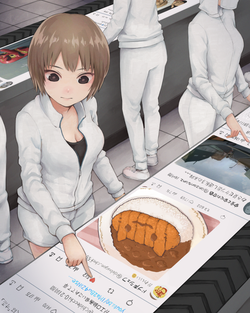 yajirushi (chanoma), original, twitter, social network, highres, translation request, 2girls, 3others, black shirt, breasts, brown eyes, brown hair, cleavage, conveyor belt, expressionless, jacket, katsu curry, like and retweet, looking down, mask, mouth mask, multiple girls, multiple others, pants, partially open jacket, shirt, shoes, short hair, shorts, tengu mask, tile floor, tiles, white jacket, white pants, white shoes, white shorts