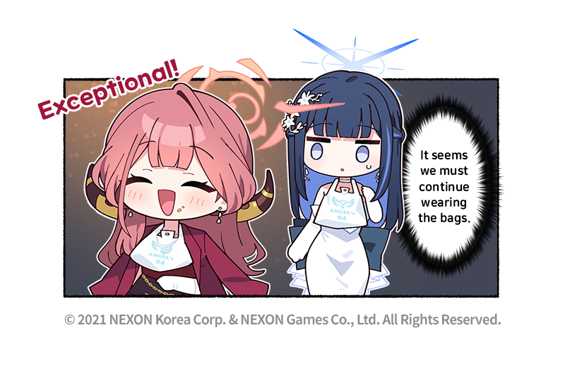 donmin h, aru (blue archive), aru (dress) (blue archive), saori (blue archive), saori (dress) (blue archive), blue archive, commentary, english commentary, official art, 2girls, blue halo, blunt bangs, dress, earrings, elbow gloves, english text, flower, food, food on face, gloves, hair flower, hair ornament, halo, horns, jewelry, jitome, long hair, looking at another, multiple girls, no nose, open mouth, pink hair, pink halo, red dress, speech bubble, white dress, white gloves