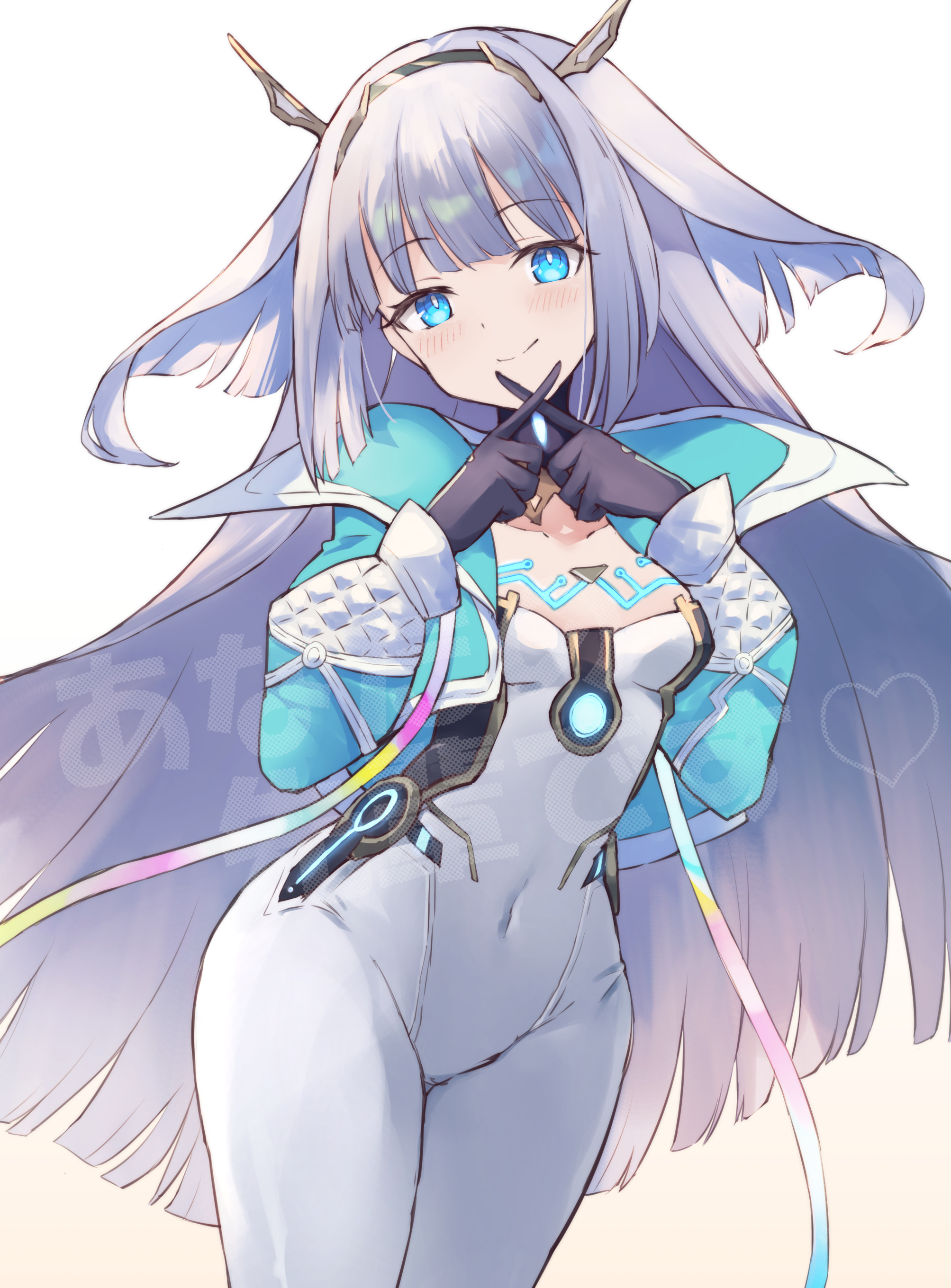 ririka (ab-yuri), eudie (shadowverse), shadowverse, shadowverse: worlds beyond, absurdres, highres, 1girl, aqua jacket, black gloves, blue eyes, blunt bangs, blunt ends, bodysuit, breasts, covered navel, cowboy shot, cropped jacket, crossed fingers, gloves, grey hair, hairband, jacket, long hair, long sleeves, looking at viewer, open clothes, open jacket, small breasts, smile, solo, very long hair, white bodysuit