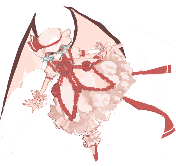 shizumi satou, siskin, remilia scarlet, touhou, silver hair, 1girl, bat wings, bow, bowtie, female focus, frills, hat, hat bow, looking at viewer, mob cap, outstretched arms, red bow, red bowtie, red eyes, short hair, simple background, solo, vampire, white background, wings, wrist cuffs