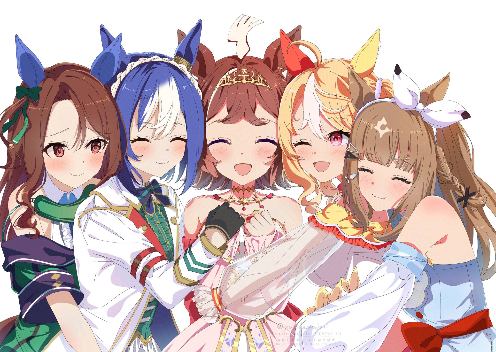 juri-arima, almond eye (umamusume), cesario (umamusume), fusaichi pandora (umamusume), king halo (king of emeralds) (umamusume), king halo (umamusume), rhein kraft (eternal fairytale) (umamusume), rhein kraft (umamusume), umamusume, highres, 5girls, animal ears, blonde hair, blue hair, brown hair, cesario (future weaver) (umamusume), dress, ear covers, fusaichi pandora (assorted cuteness) (umamusume), green dress, horse ears, horse girl, hug, multiple girls, red eyes, smile, white background
