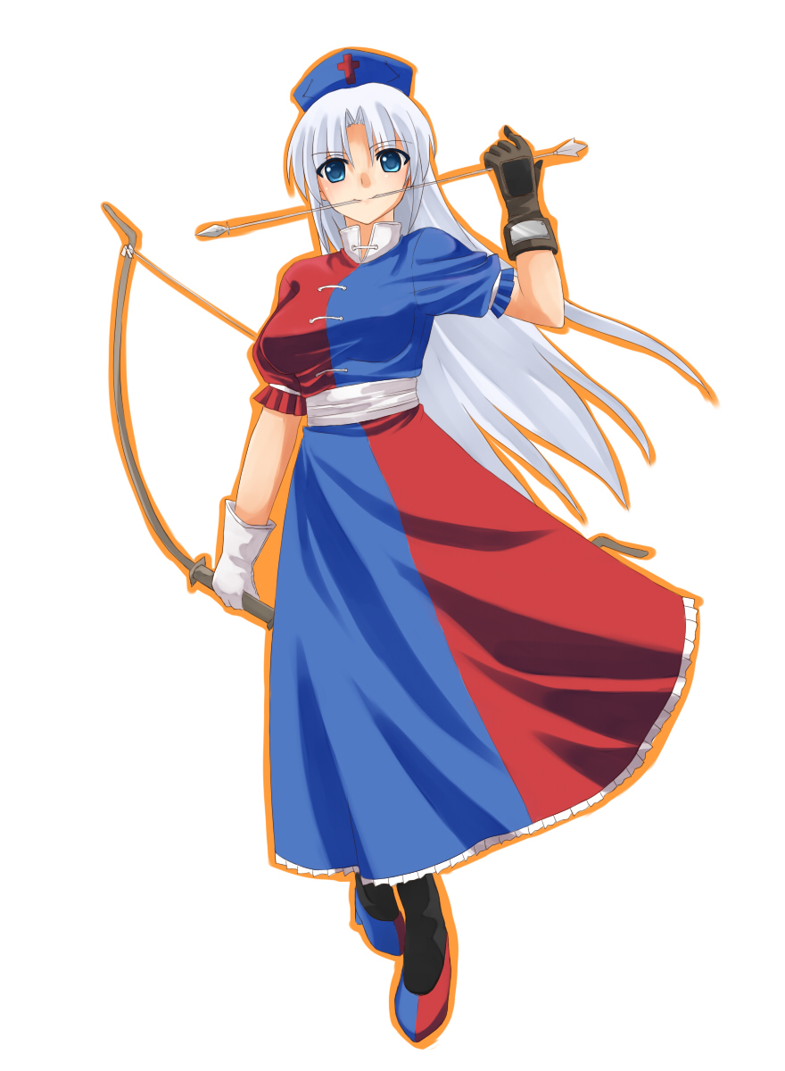 yuuki (ashitahare), yagokoro eirin, touhou, highres, 1girl, alternate hairstyle, blue eyes, bow (weapon), breasts, female focus, full body, gloves, hat, long hair, nurse, nurse cap, orange outline, outline, simple background, solo, weapon, white background, white hair