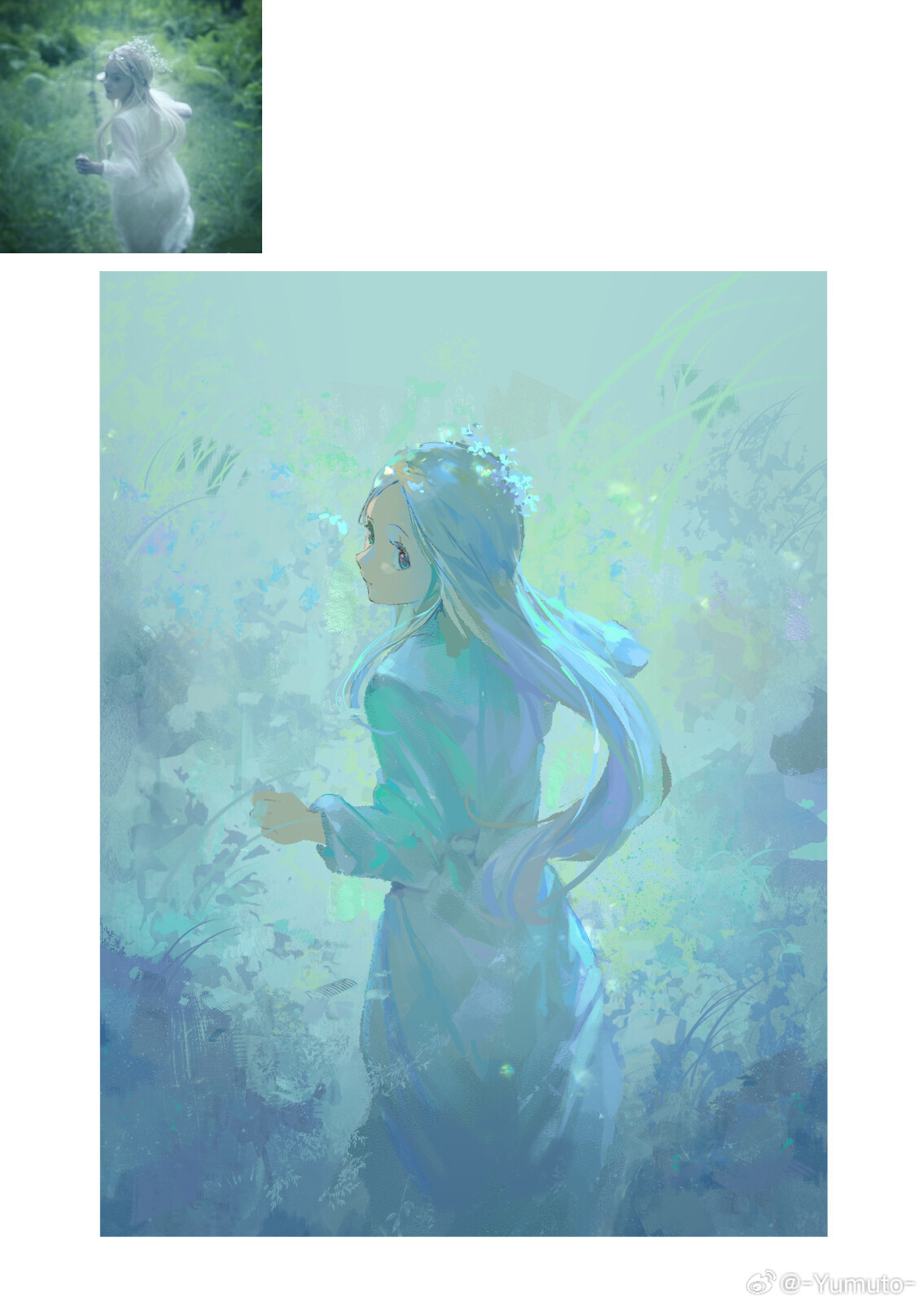 yumuto (spring1786), original, chinese commentary, commentary request, highres, 1girl, dress, grey eyes, long hair, long sleeves, reference inset, solo, watermark, weibo watermark, white dress, white hair